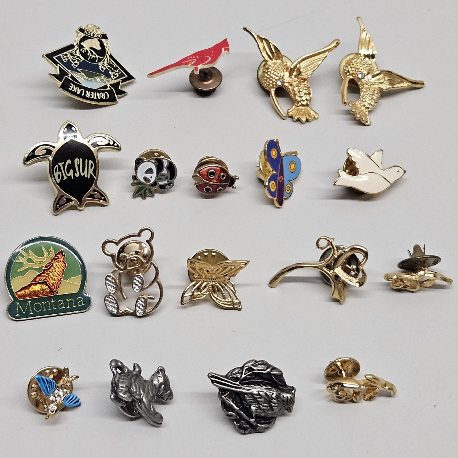 Pin Lot Animal Wildlife Nature Pewter Bird Nest Tiger Hummingbird Panda 18 Pcs