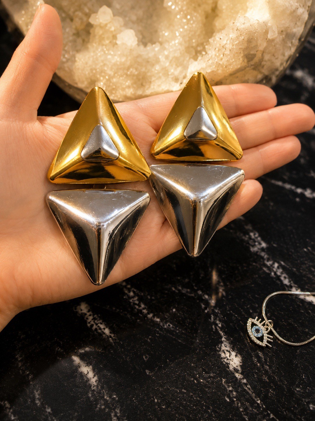 Earrings Triangle Dangle Gold Tone Silver Tone Metal Lobe No Stone