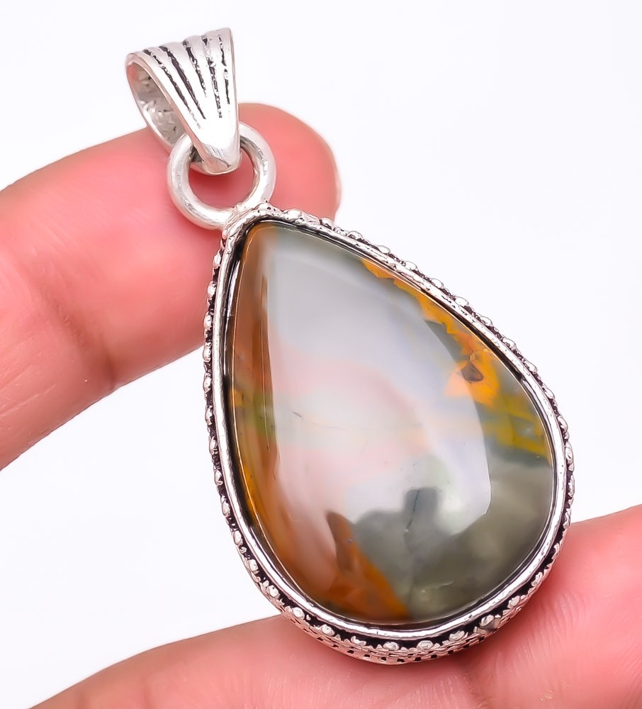 Natural Polychrome Jasper Gemstone 925 Silver Plated Jewelry Pendant 1.8″ M159