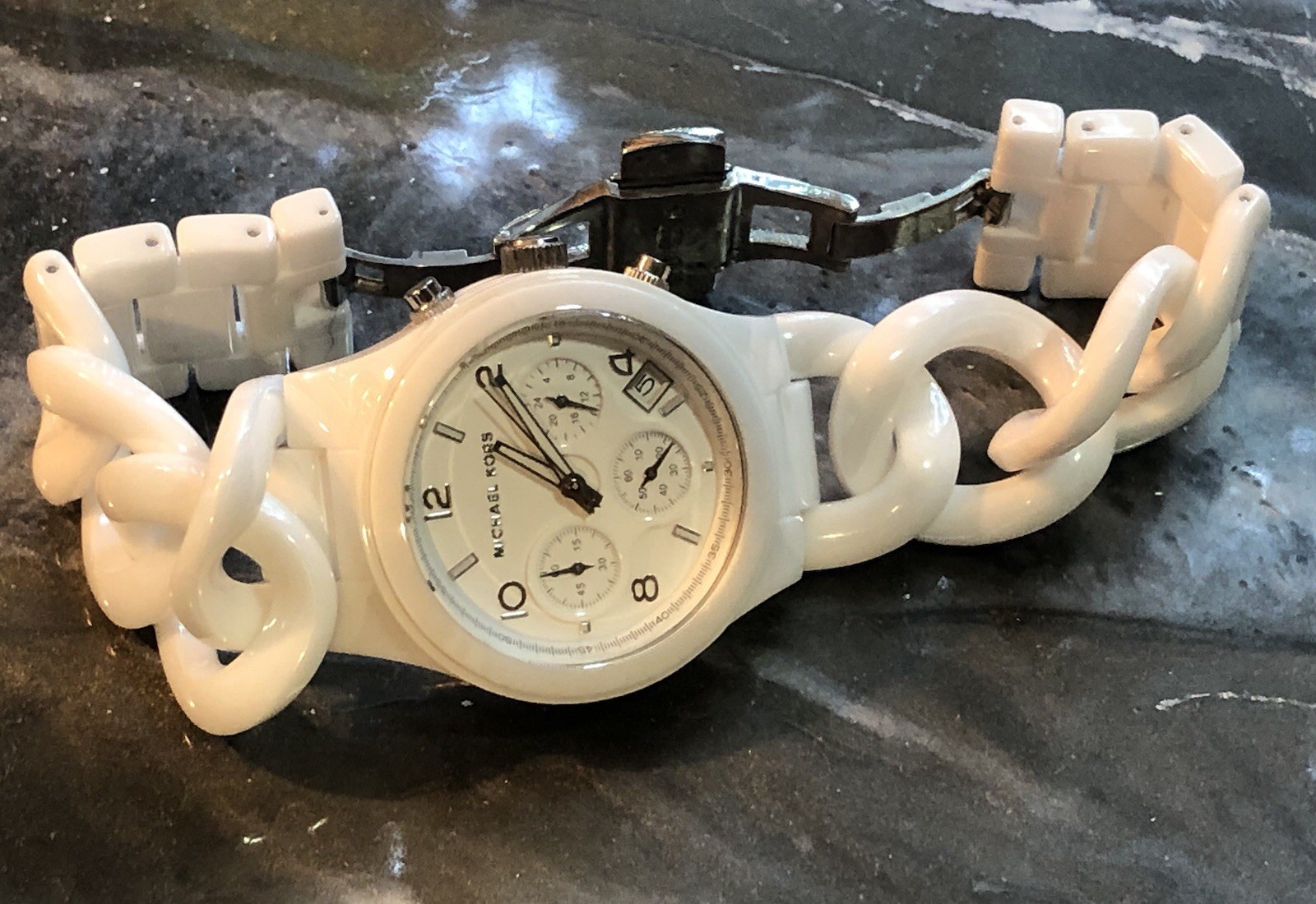 ✨🤍 NOS STUNNING Early MICHAEL KORS White CERAMIC Chain Link Bracelet Watch🤍✨