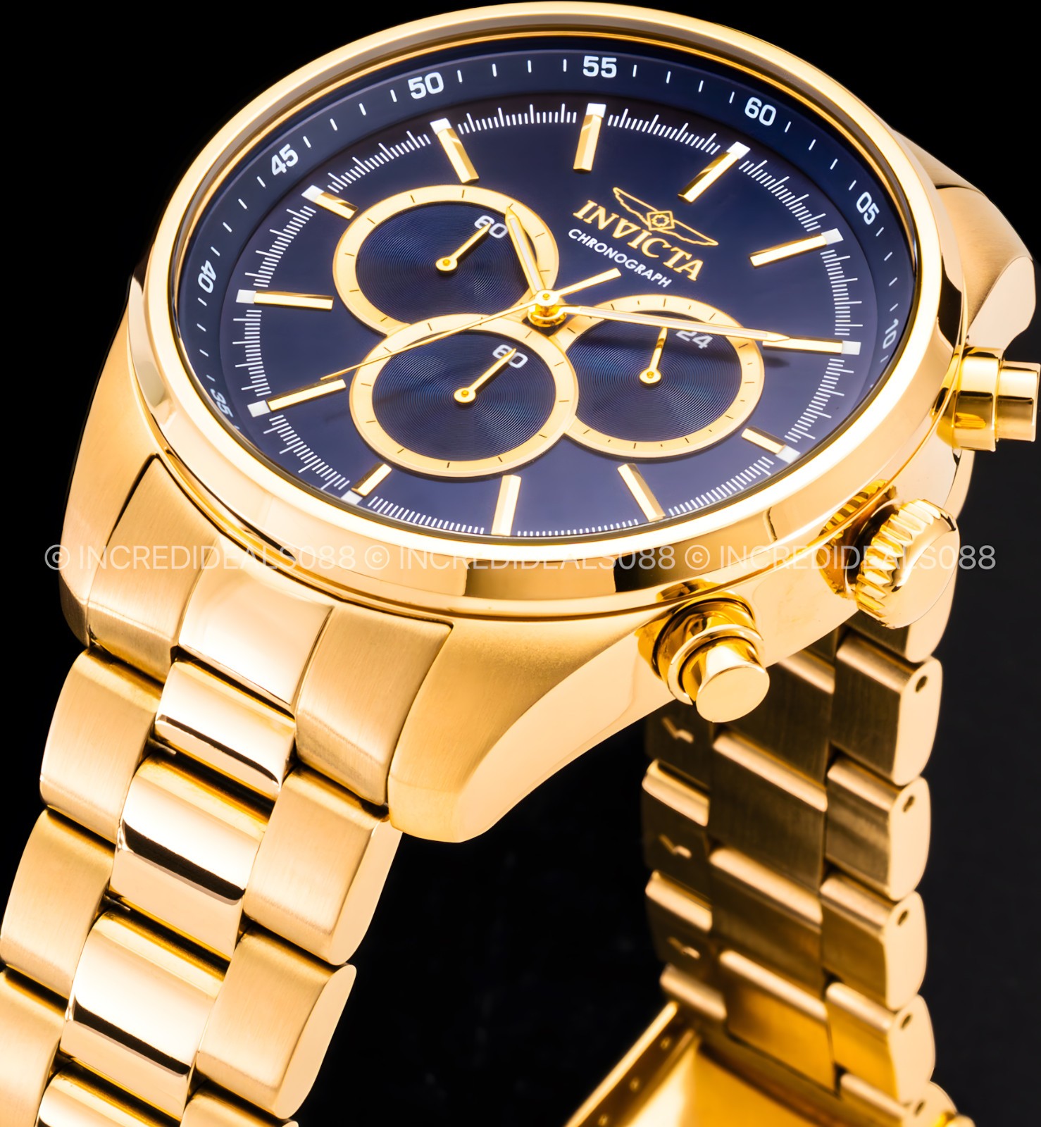 Invicta Mens SPECIALTY CHRONOGRAPH Blue 18K Gold Dial 48mm Bracelet Watch Reloj