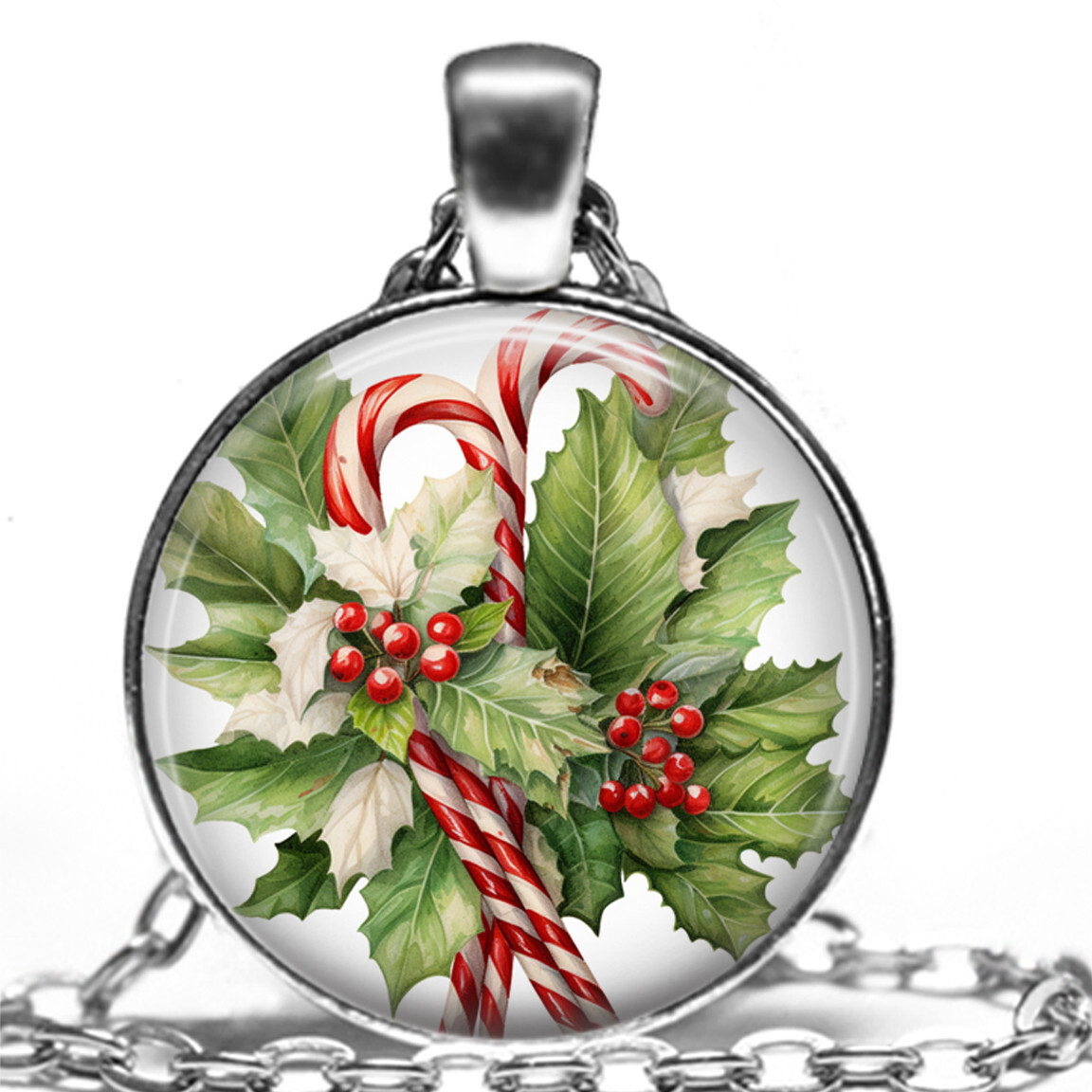 Christmas Candy Canes Holly Berries Holiday Gift Pendant Necklace 24″ Link Chain