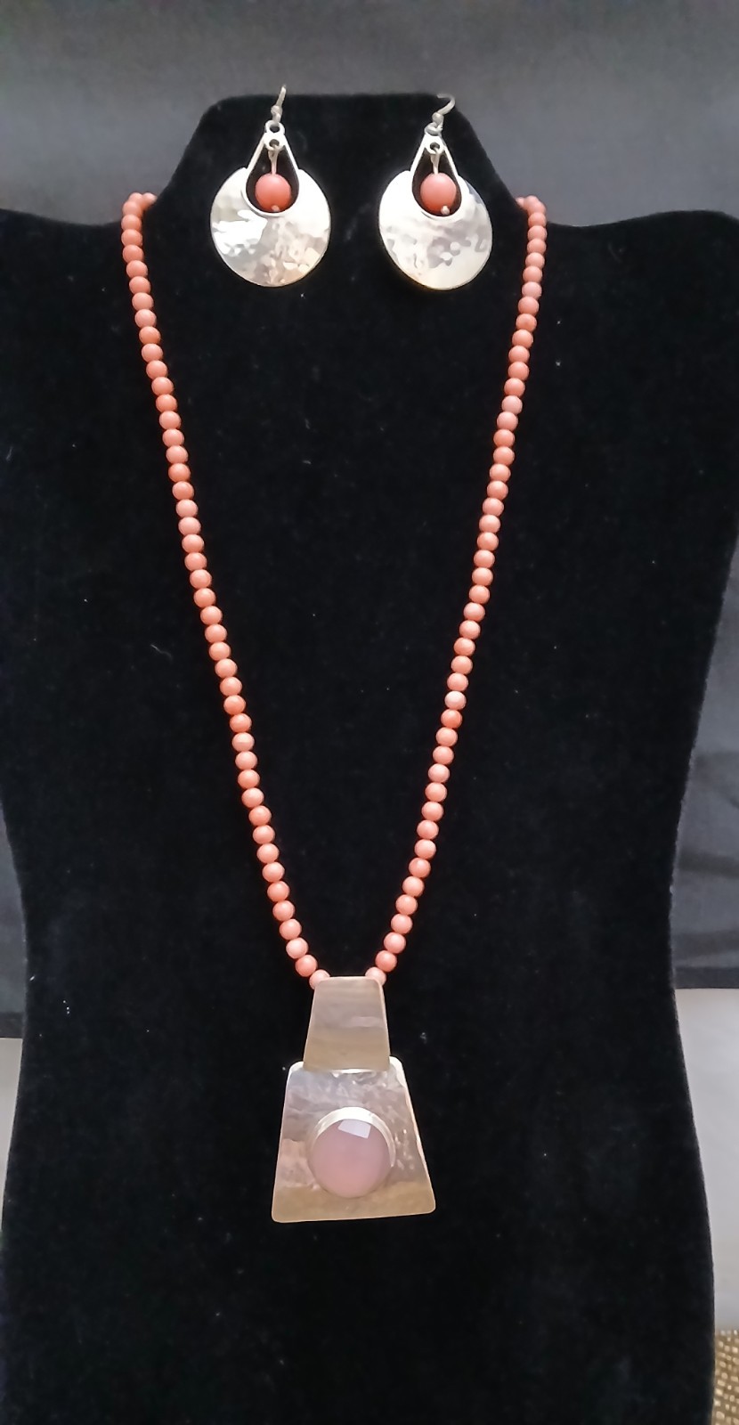 HSN DDD Geometric Pendant & Earrings- Coral Beaded Necklace Set 925