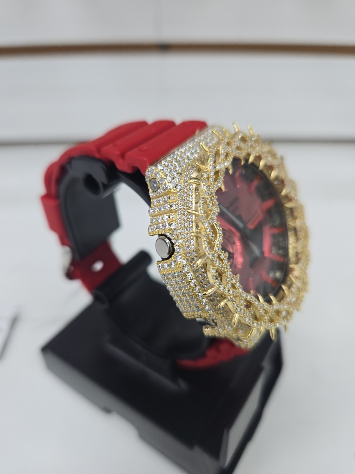 Moissanite G Shock Watch Casio 2100 Model Red Color Band Gold Color Bezel New