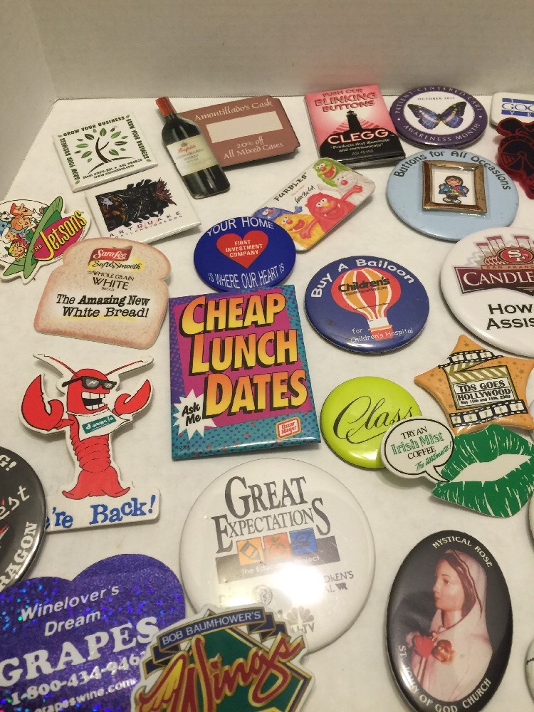 Large Lot Buttons/pins Jetsons Patriotic Misc. Over 60 Buttons
