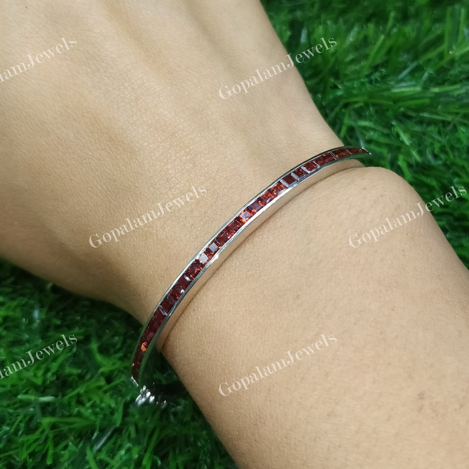Natural Garnet Bangle: 925 Sterling Silver January Birthstone Jewelry