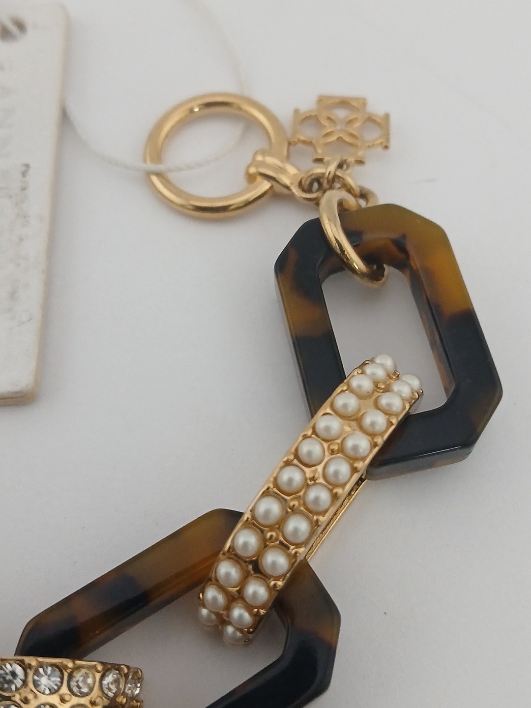 ANNE TAYLOR gold tone pearls crystals faux tortoise oval links toggle bracelet
