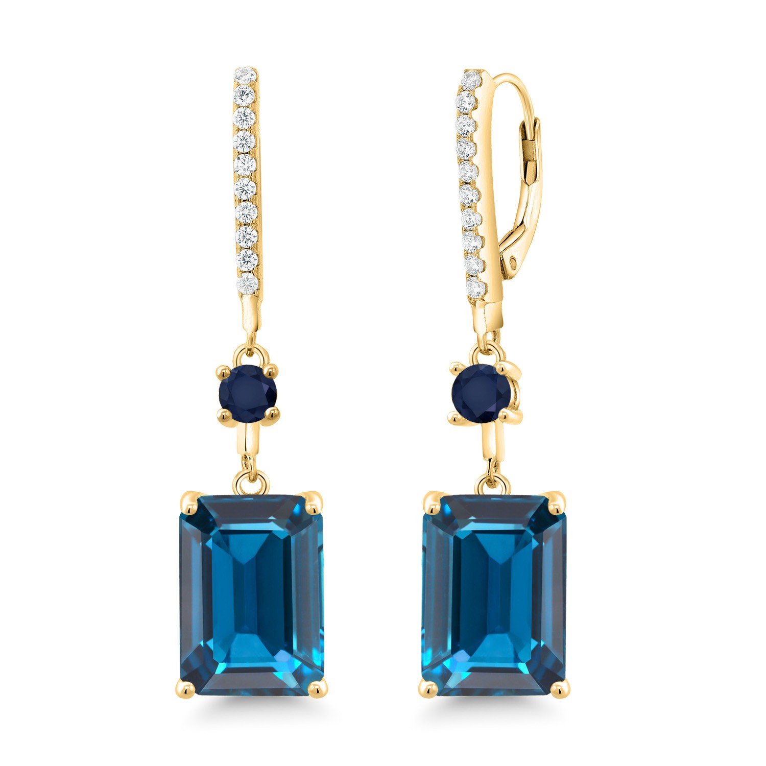 20.00 Ct London Blue Topaz Blue Sapphire 18K Yellow Gold Plated Silver Earrings