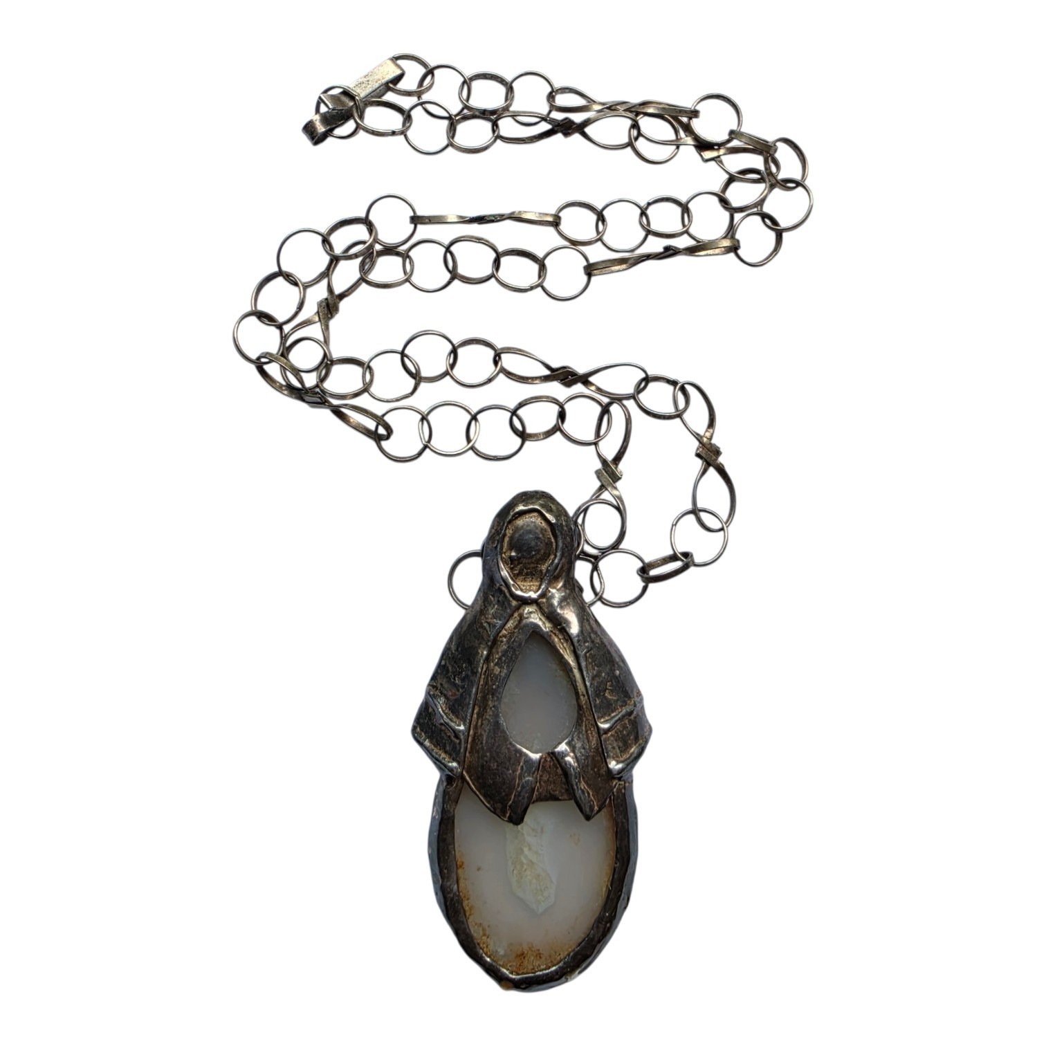 Mid Century Brutalist 22″ Sterling Silver Agate Studio Designer Necklace Madonna