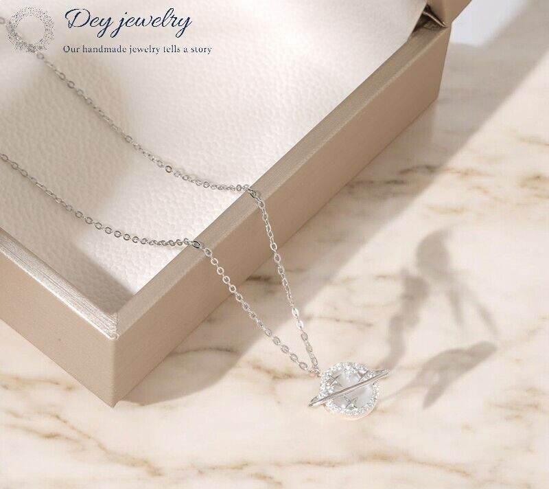 Natural Mother of pearl and CZ Gemstone Necklace 925Sterling Silver Saturn charm