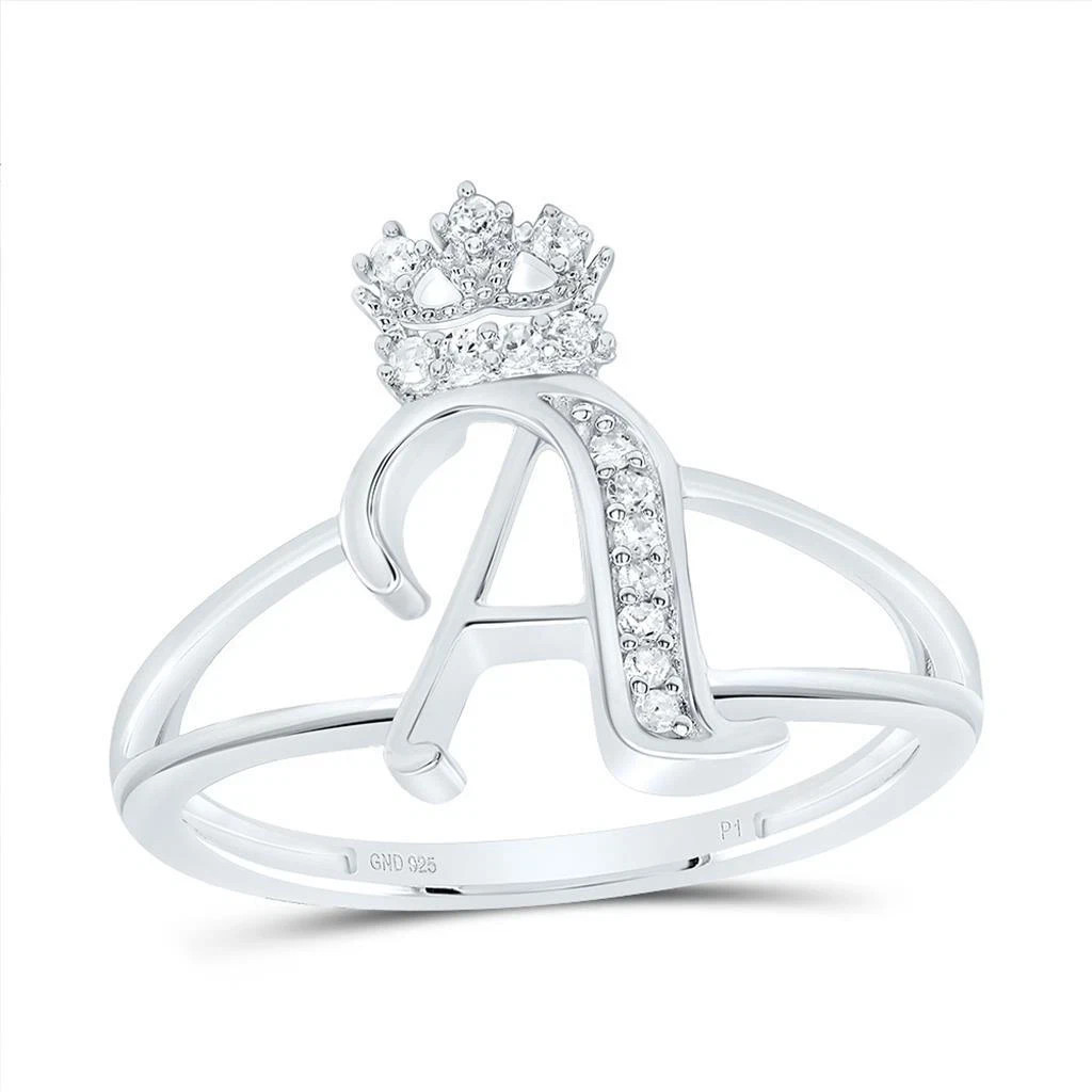 925 Sterling Silver Genuine Diamond Script Initial A B C D E F X Y Z Crown Ring