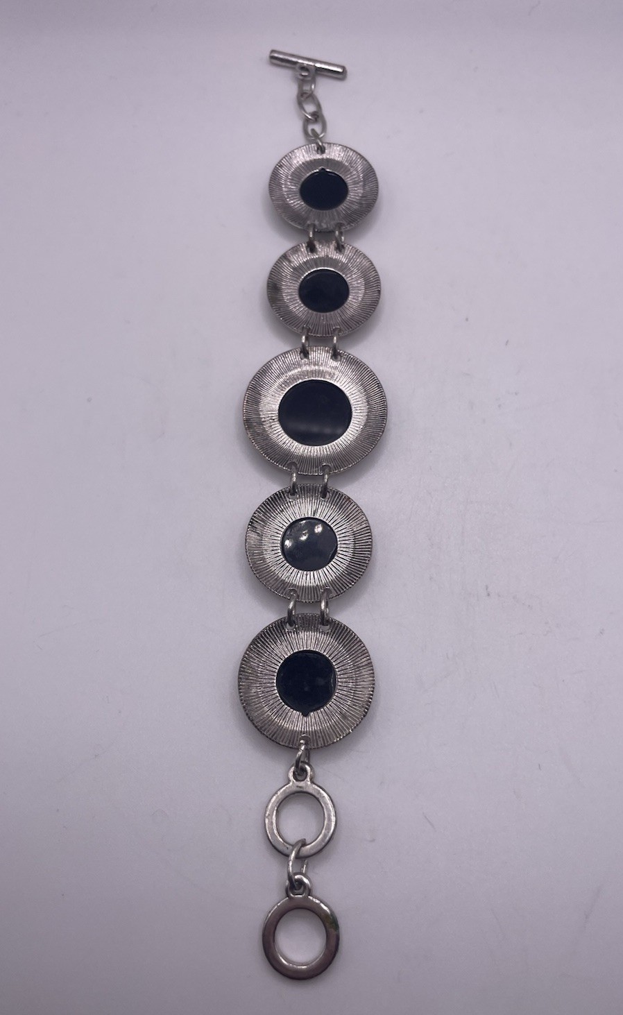 Vintage Silver Tone Abalone Shell Greek Key Link Bracelet Boho Hippie Jewelry 8”
