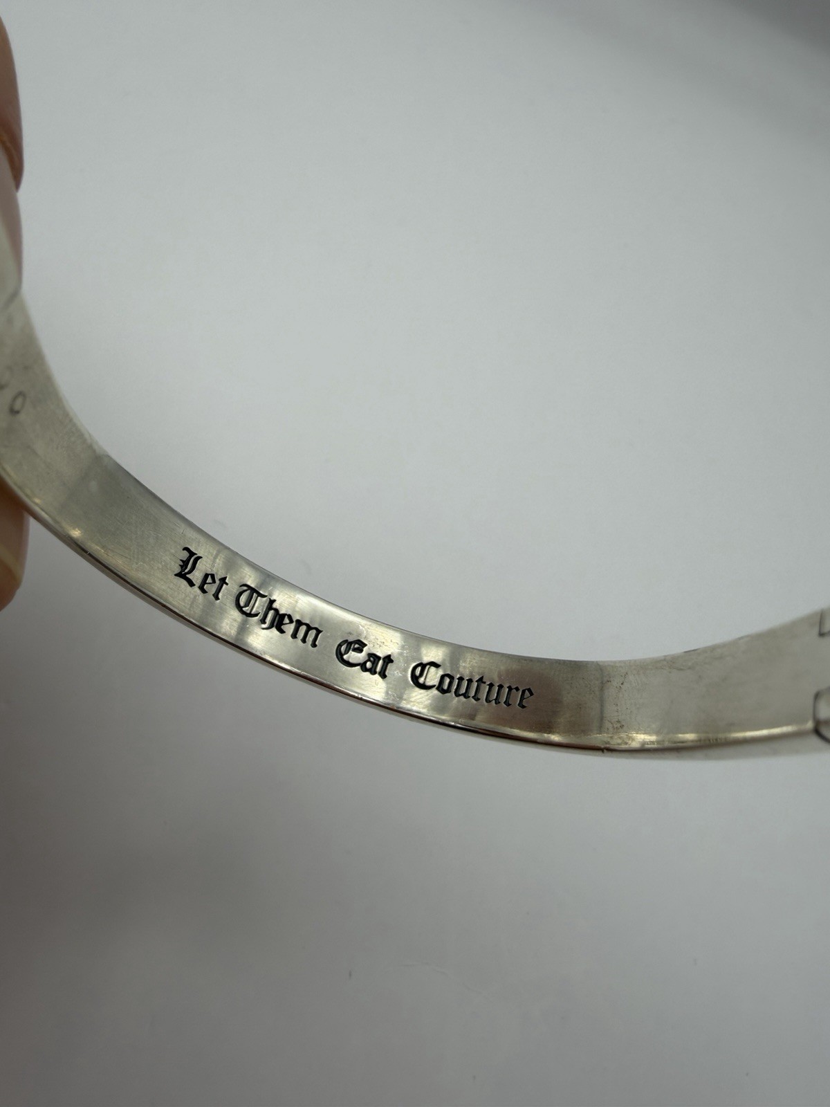 Juicy Couture 925 Sterling Silver Cuff Bracelet “Let Them Eat Couture” Charm