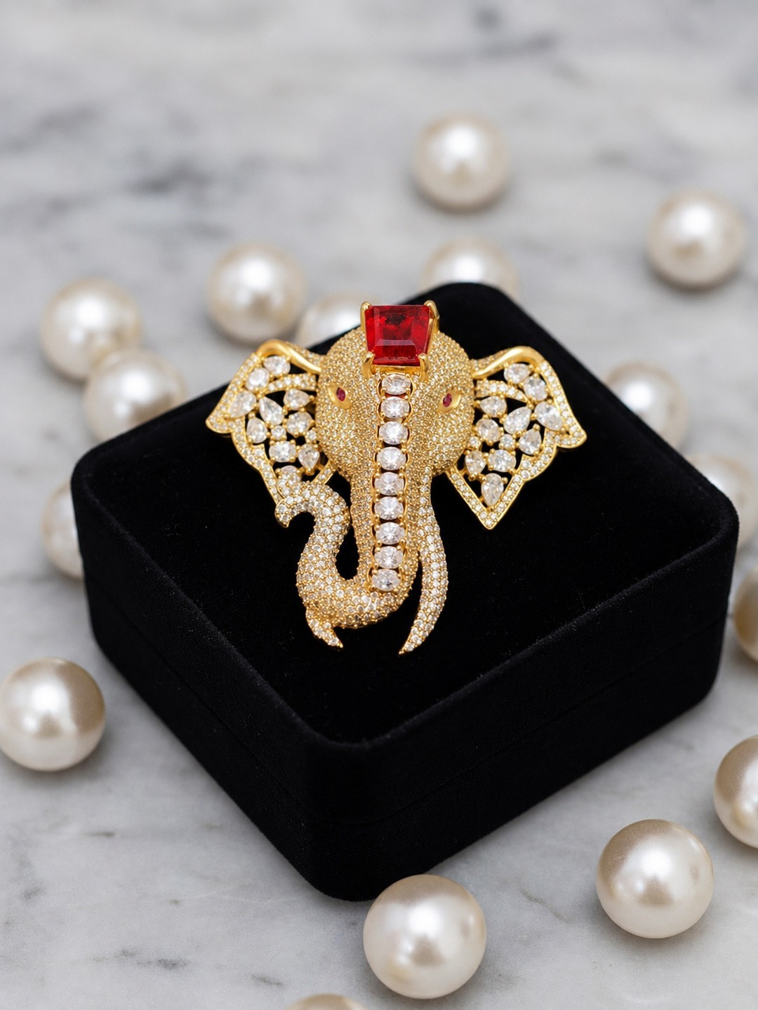 Luxury Elephant Head Brooch Pin Gold Plated Brass AAA AD Doublet Stone Brooch
