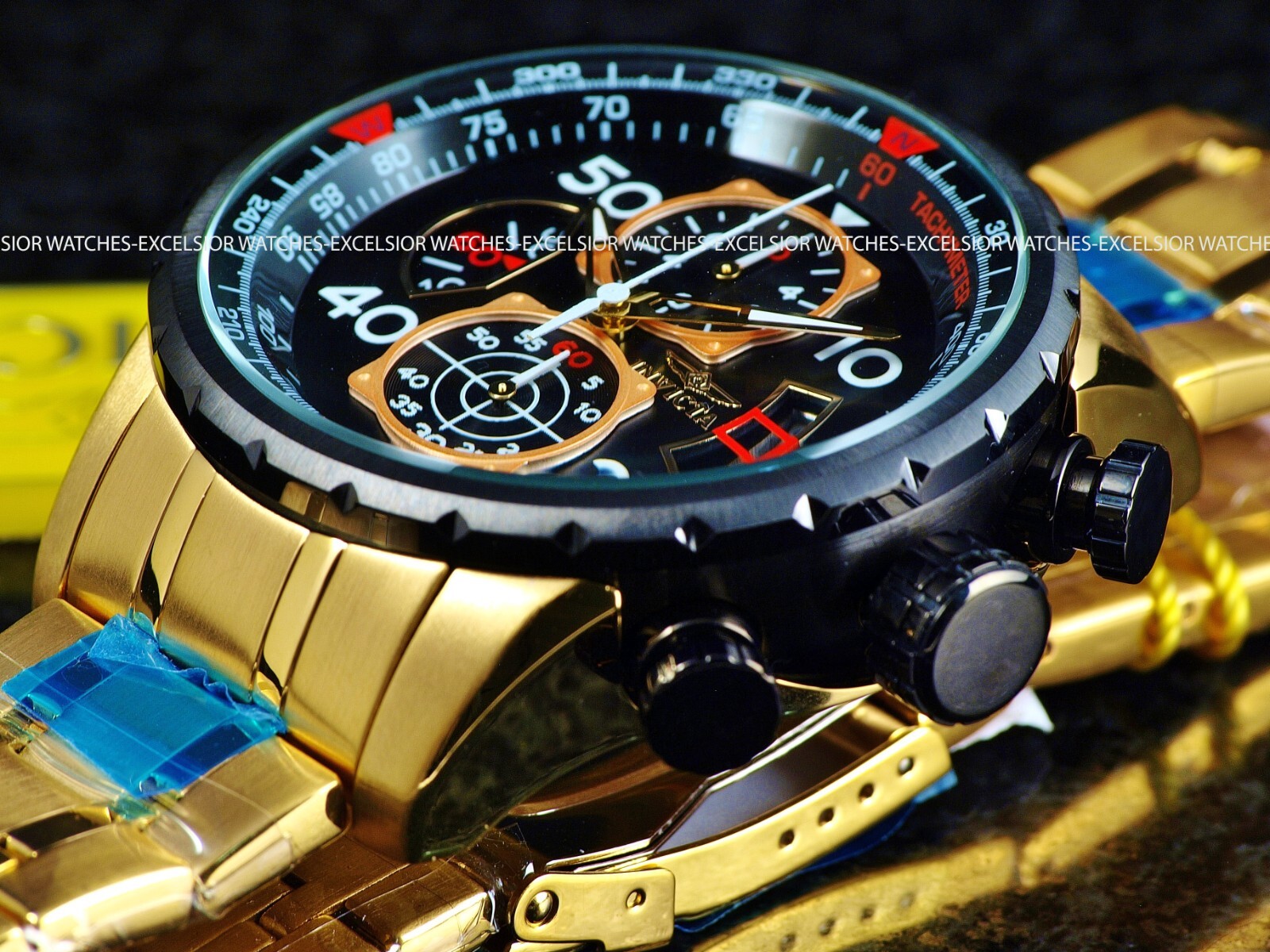 New Invicta Men’s AVIATOR CHRONOGRAPH Quartz Gold Tone SS 48mm Blue Dial Watch