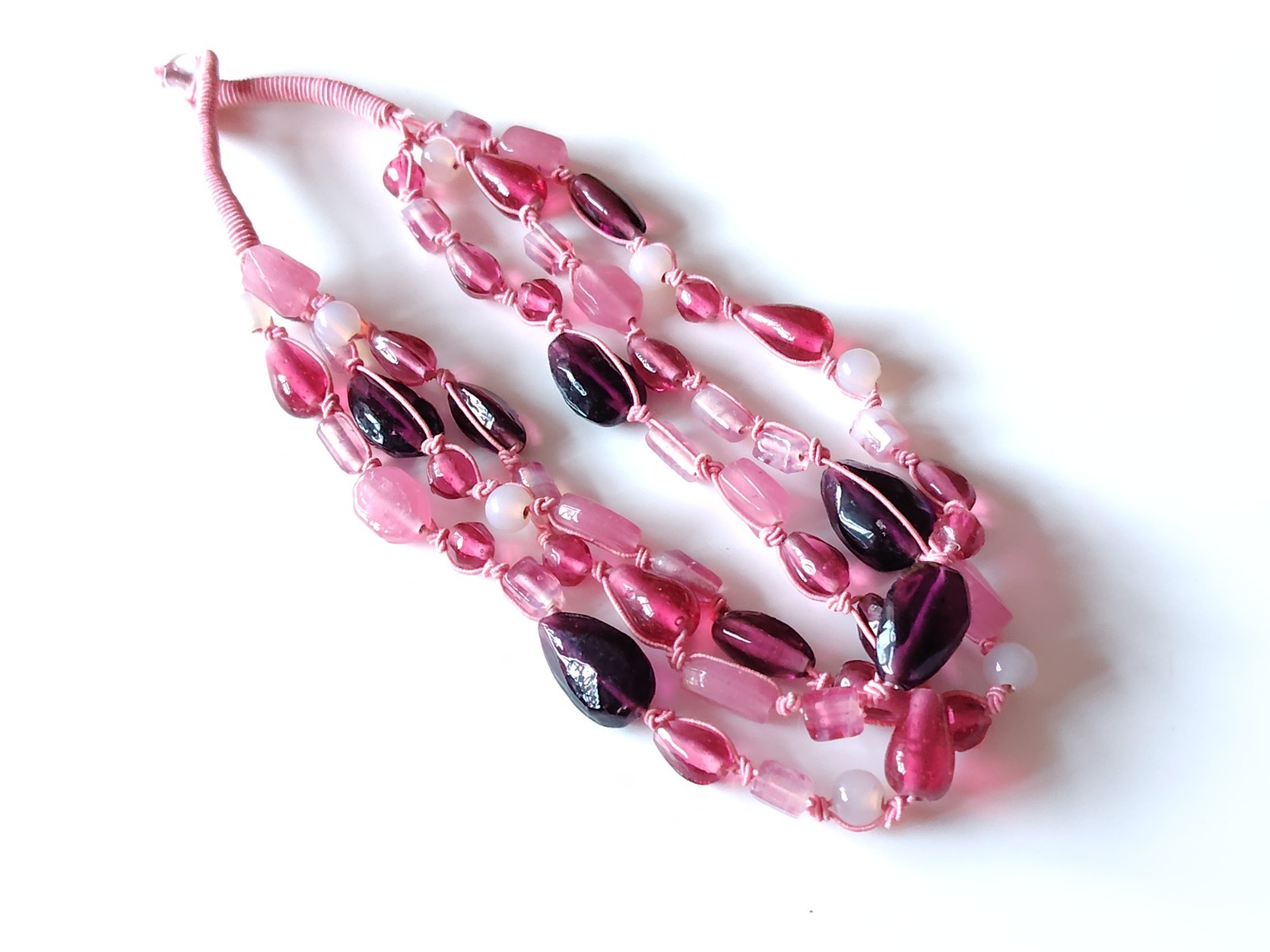 Pink Material Glass Bead Necklace Multi strand Mixed Shape Layering Toggle Clasp
