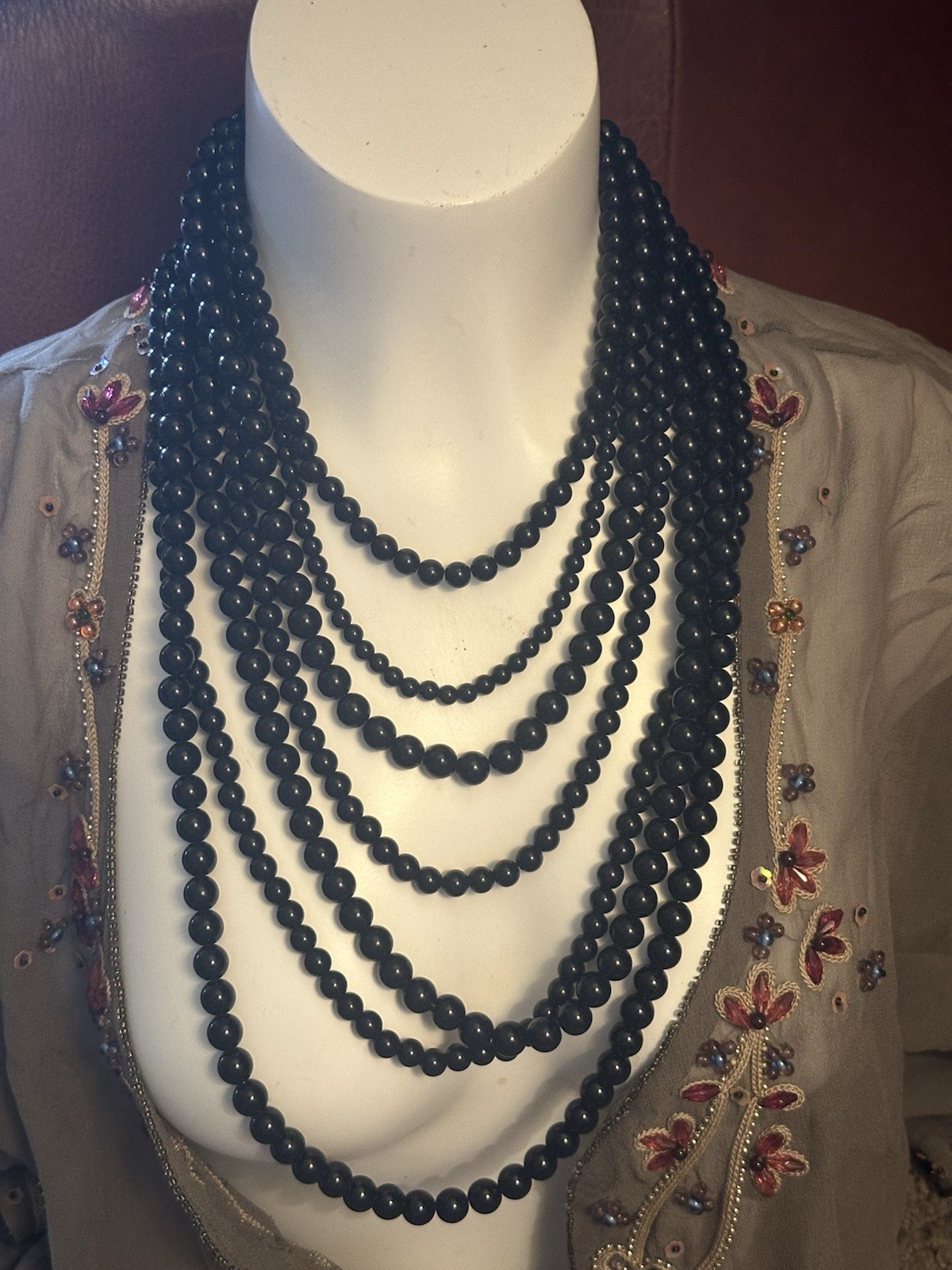 Charming Charlie Multi-Strand Jet Black Beaded Necklace Bold Statement Bib