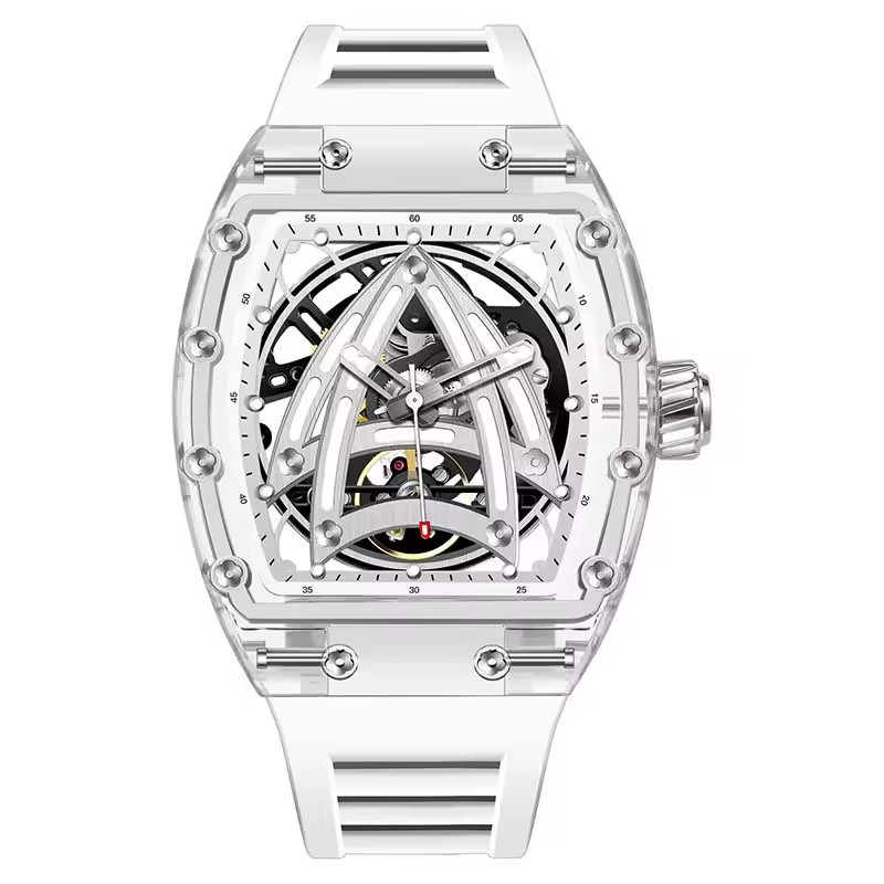 🔥USA🔥PINDU Glacier Series Watch -Crystal Clear Skeleton Dial K9 Glass P6657