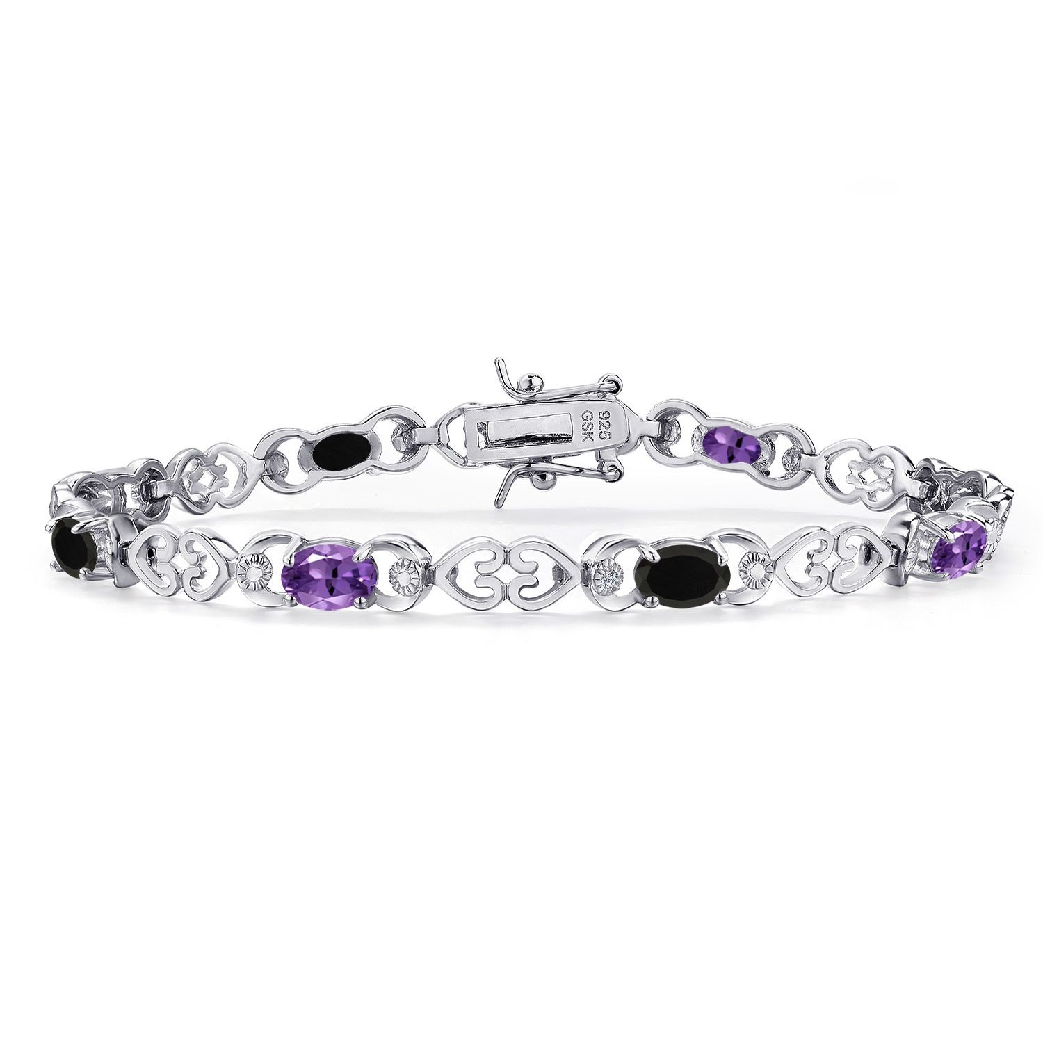 Gemstone Birthstone and Onyx Heart Link Tennis Bracelet for Women | 925
