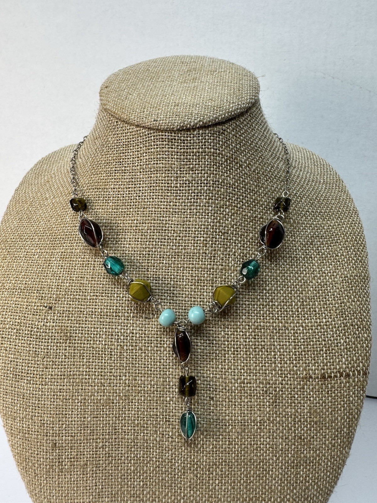 Wire Wrapped Necklace Earthy Brown Green Aqua Blue Glass Y Drop Fairy Whimsical