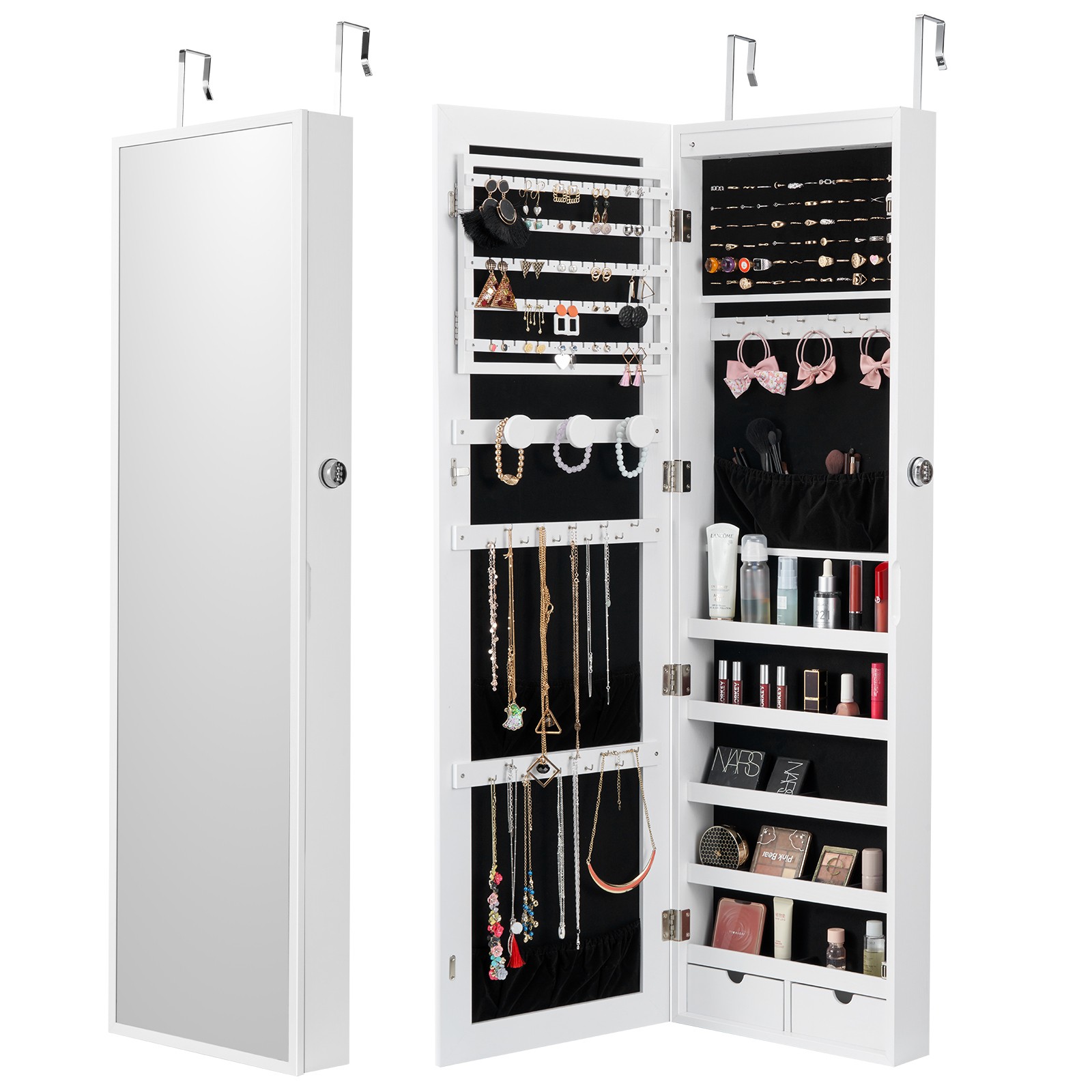 Uimoso Mirror Jewelry Cabinet47.05in Lockable Wall or Door Mounted Armoire White