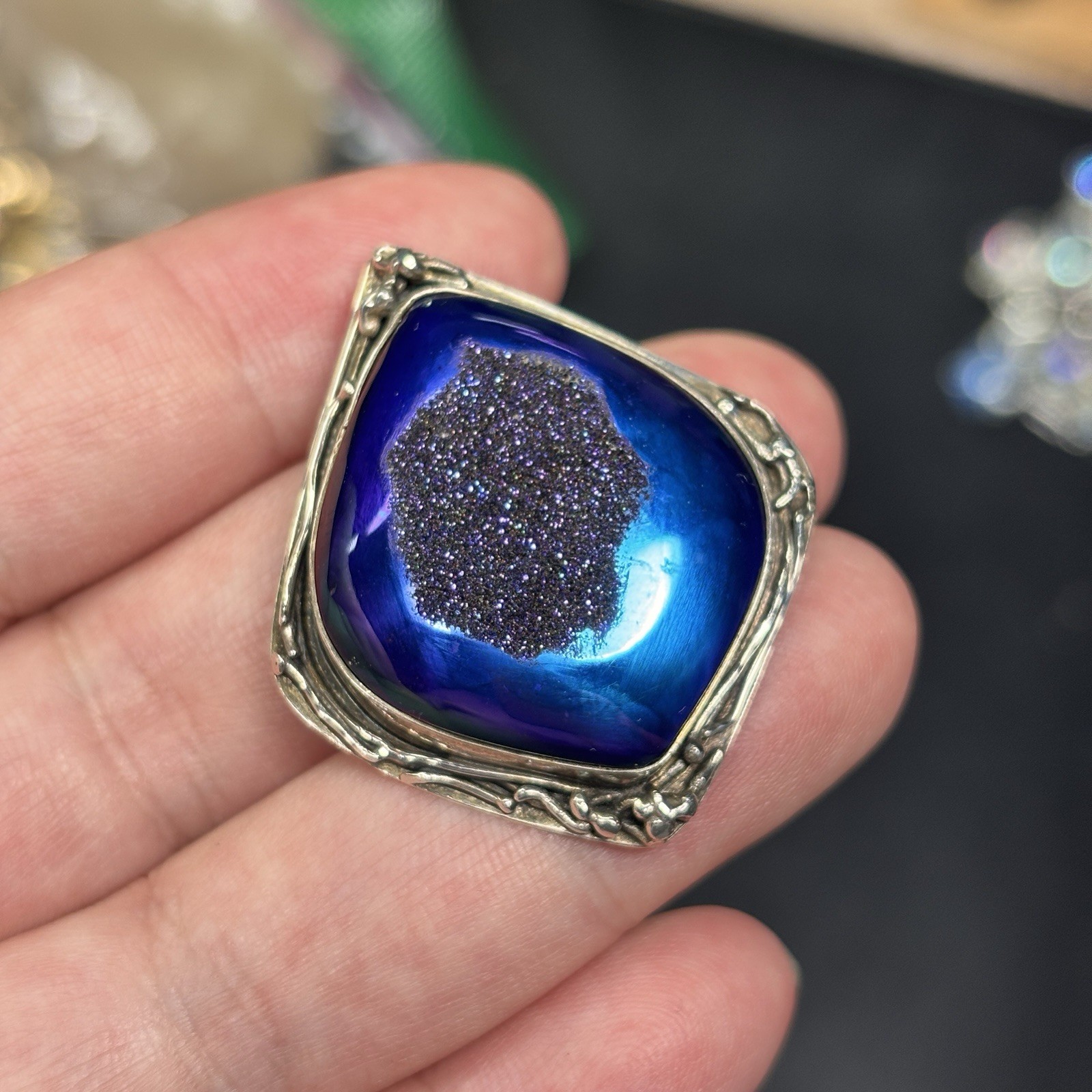 Vintage Sterling Silver Blue Druzy Agate Pendant Studio Artisan