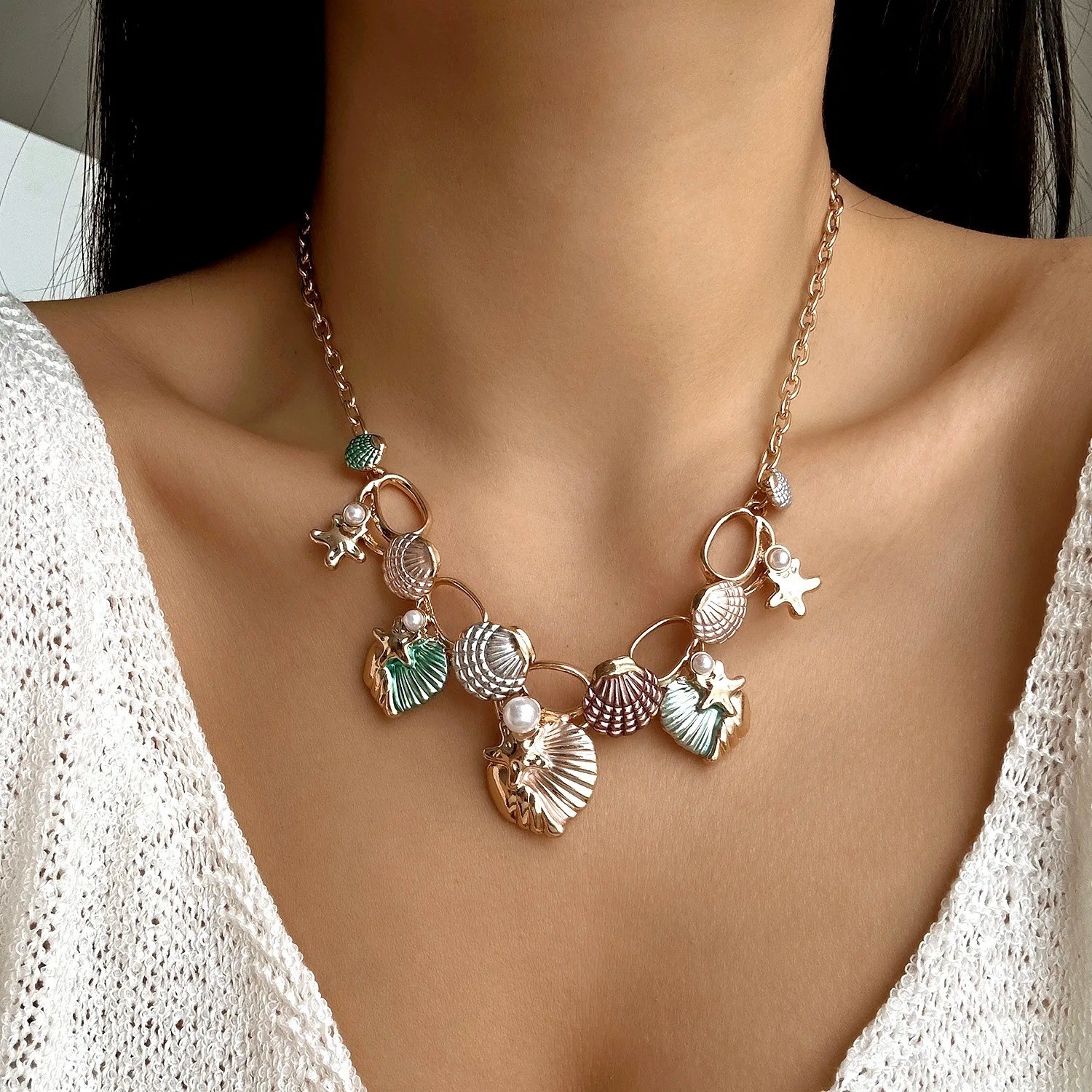 Starfish Seashell Necklace Pearls Beach Nautical Statement Bib Jewelry Chain