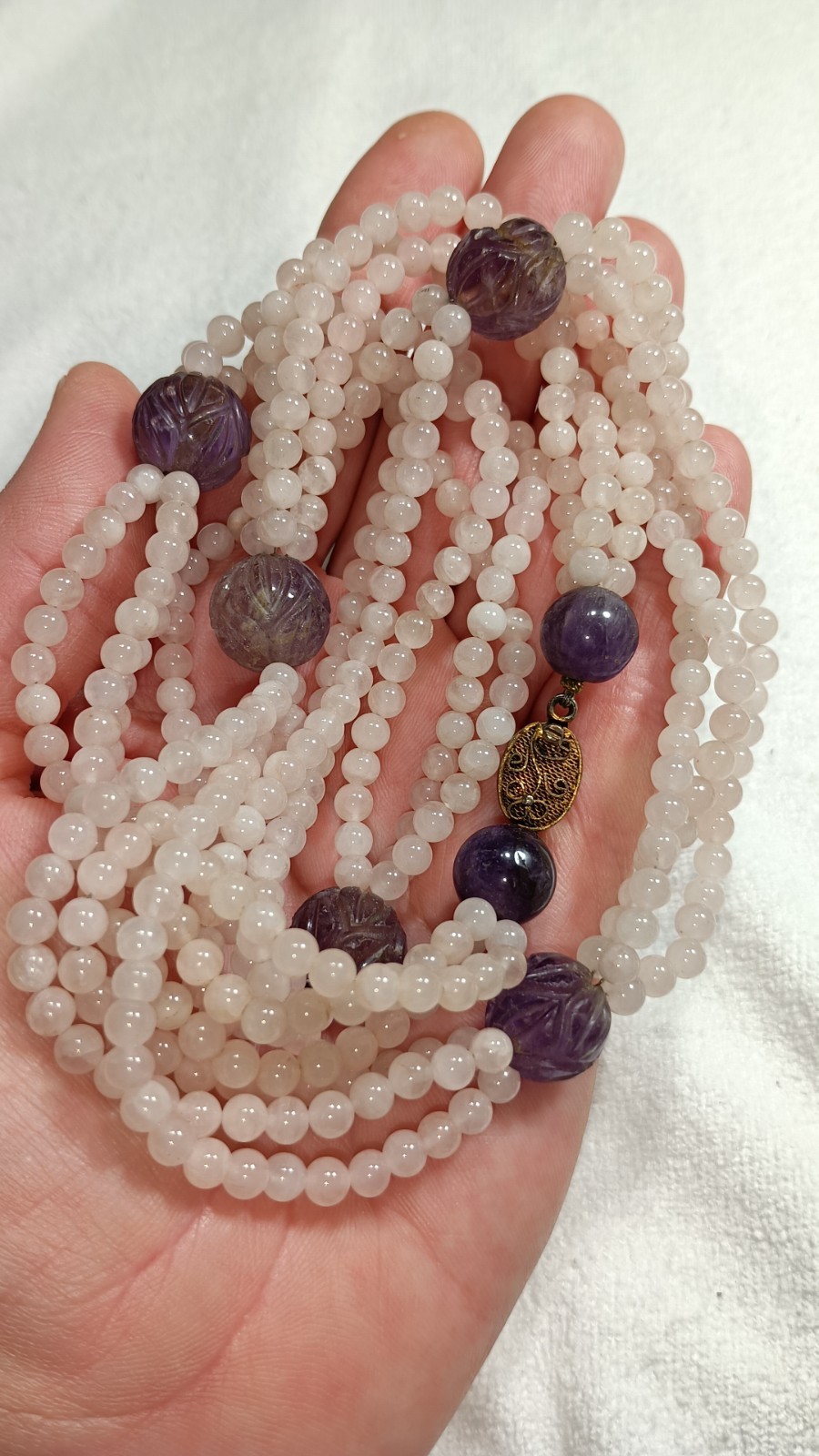 Vintage Chinese Rose Quartz Carved Amethyst Stone Beaded Necklace Silver Clasp