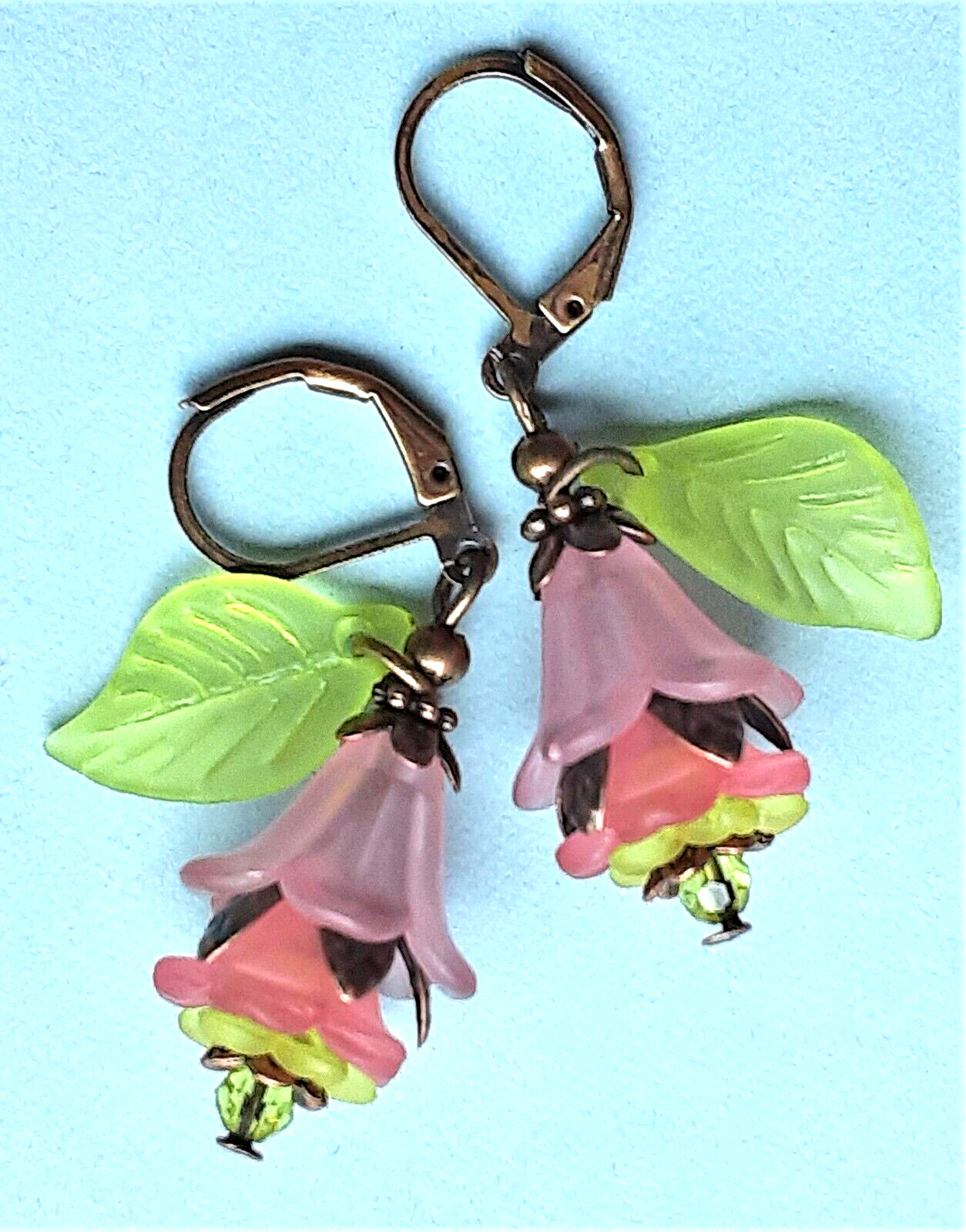 PEACH PINK acrylic FLOWER & Peridot Crystal earring COPPER LEVER BACK XX