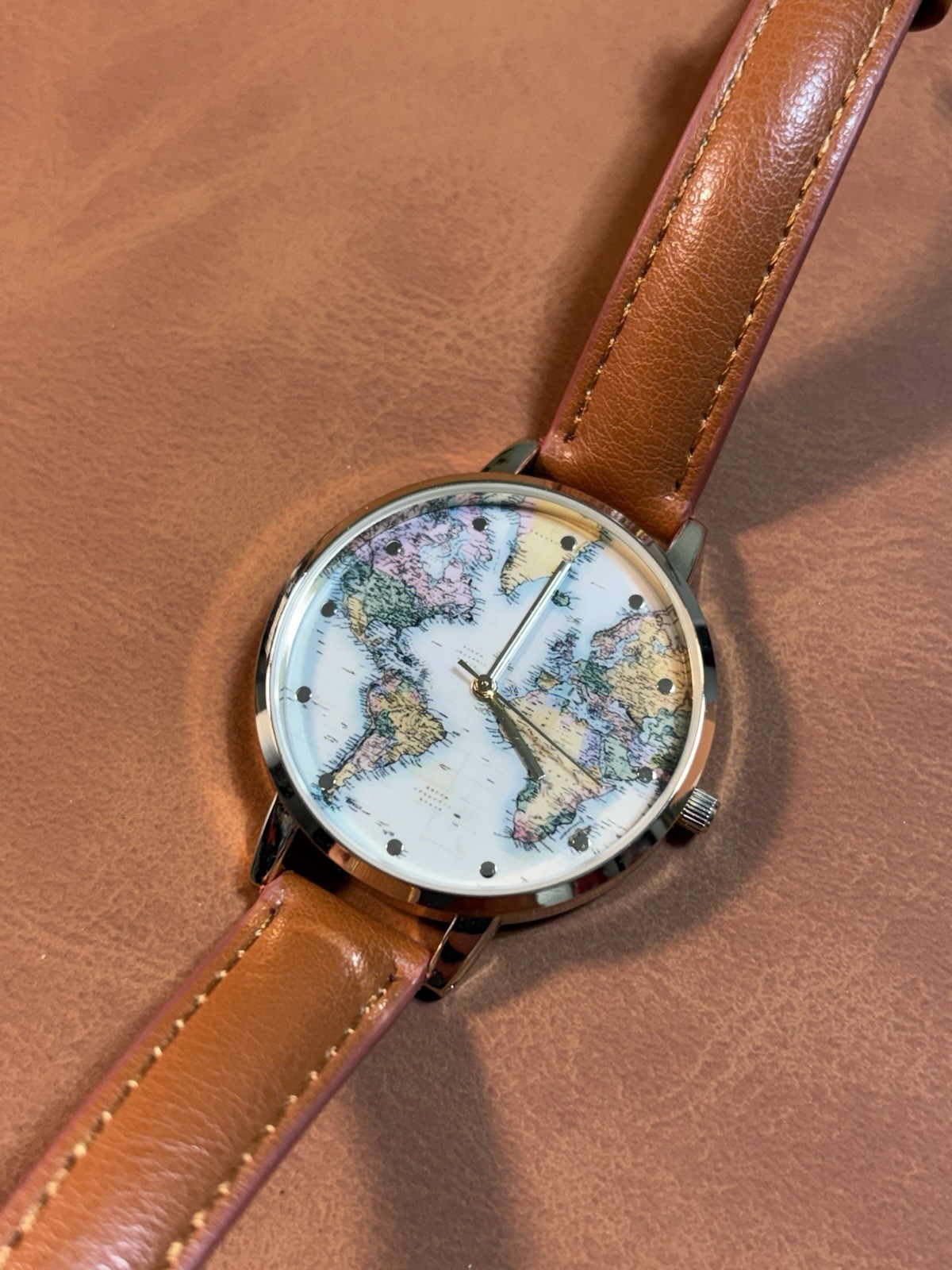 World Map Francescas Women’s Quartz Watch Gold Tone Ladies Leather Band,Box
