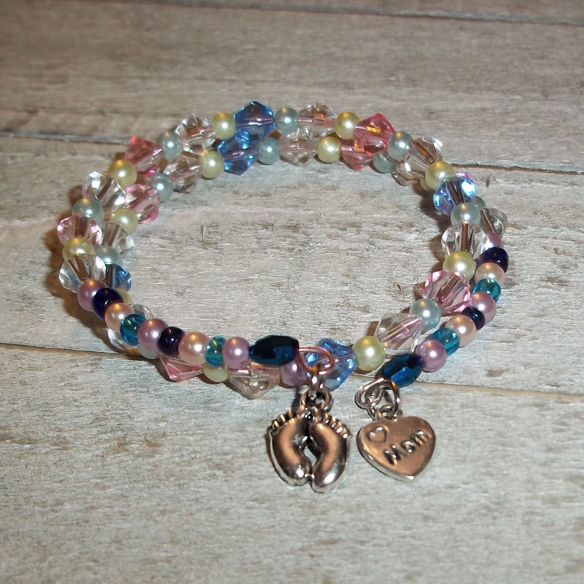 New Mom Mother’s Day Charm Bracelet Memory Wire Glass Beaded Baby Shower Gift