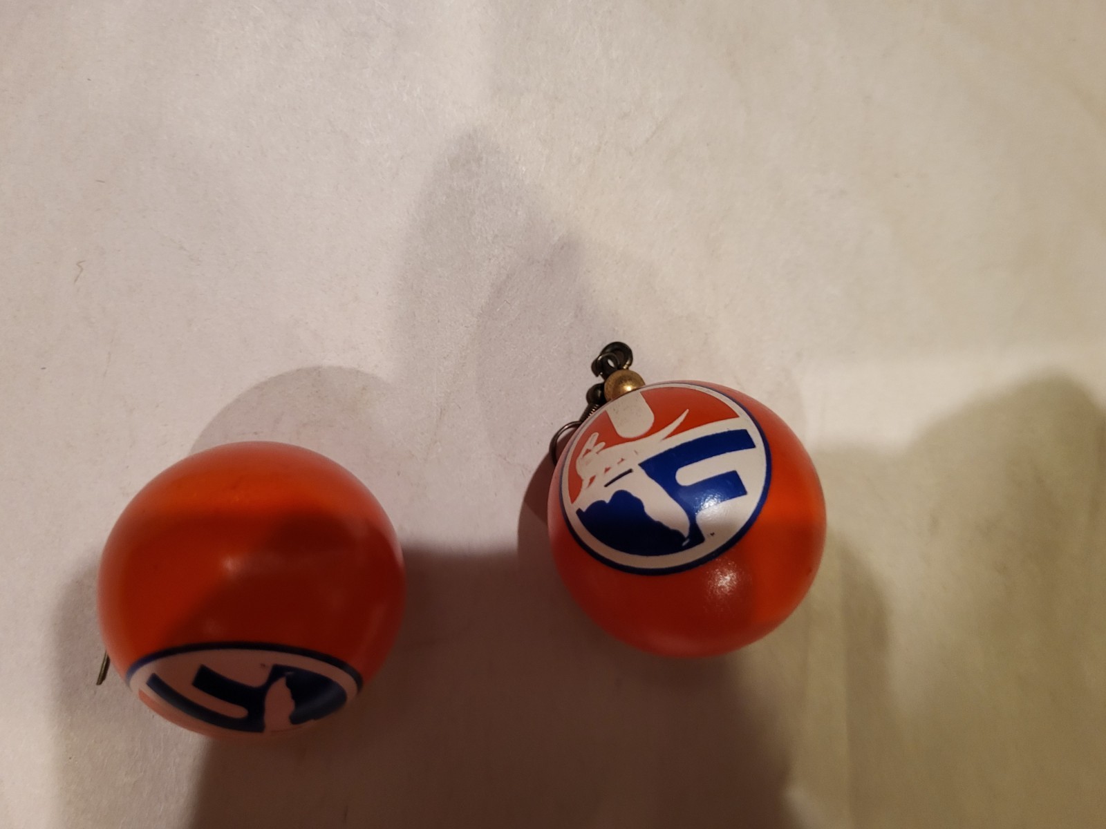 Lot of 2 Custom Earrings – Orange Fishing Bobber Logo & Red/Blue Alligator Drops