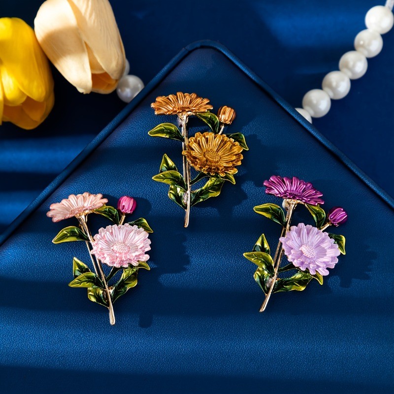 3P Elegant Vintage Gradient Daisy Brooches Green Leaf Anti-Slip Floral Pins