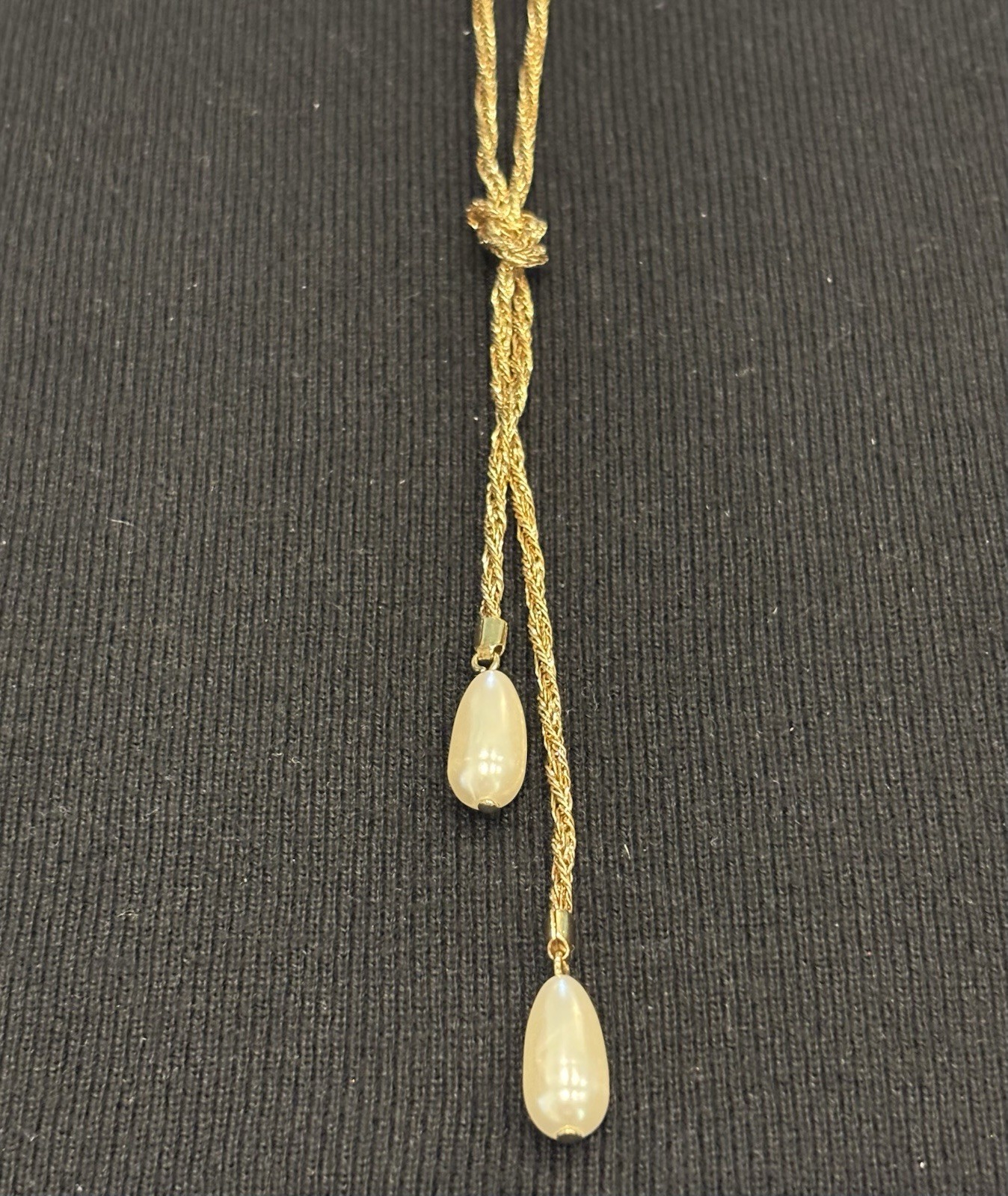 Gold Tone Rope Chain Tassel Necklace w/ 2 White Teardrop Pearl Dangles