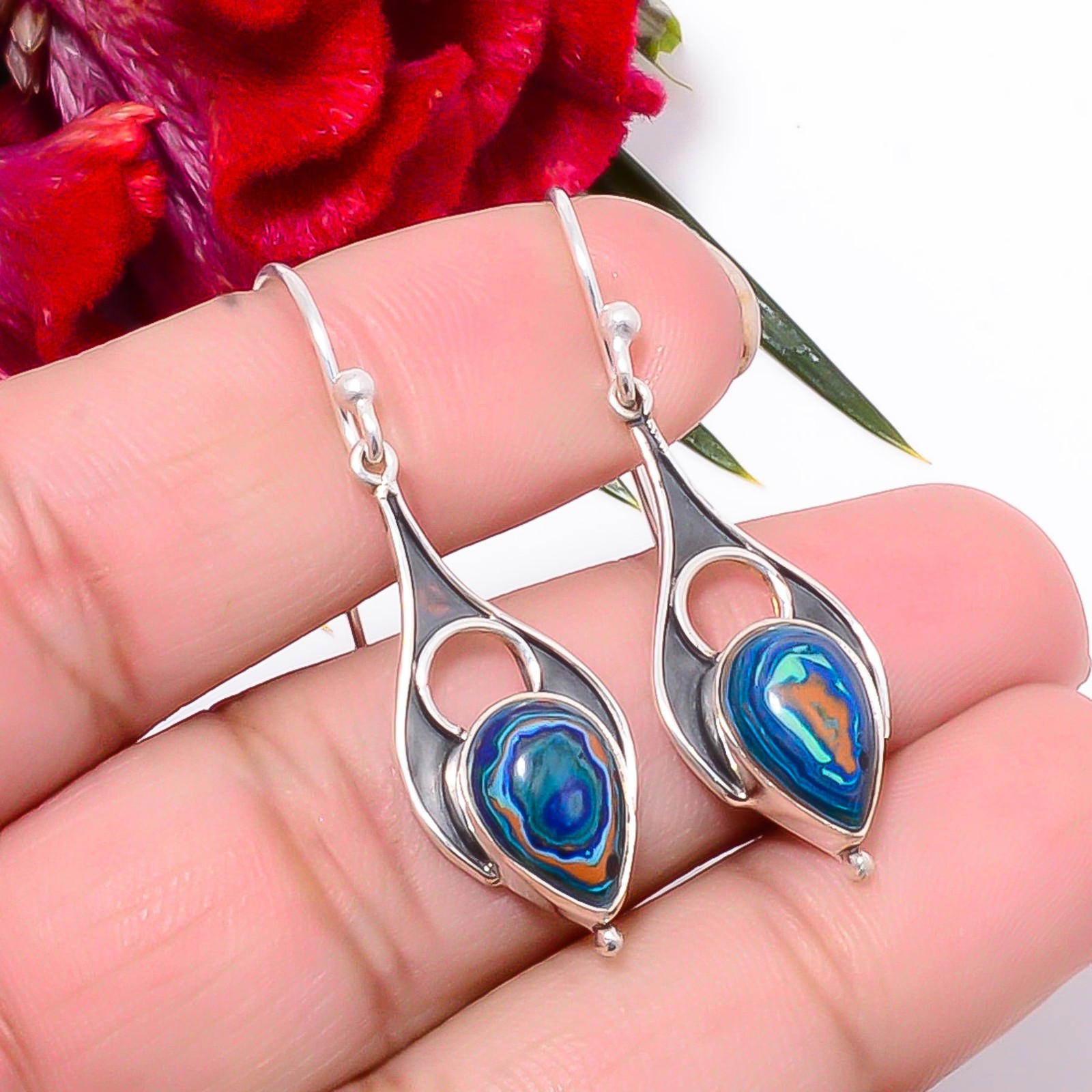 Blue Rainbow Calsilica Oxidised 925 Sterling Silver Handmade Earring 1.72″ Sku36