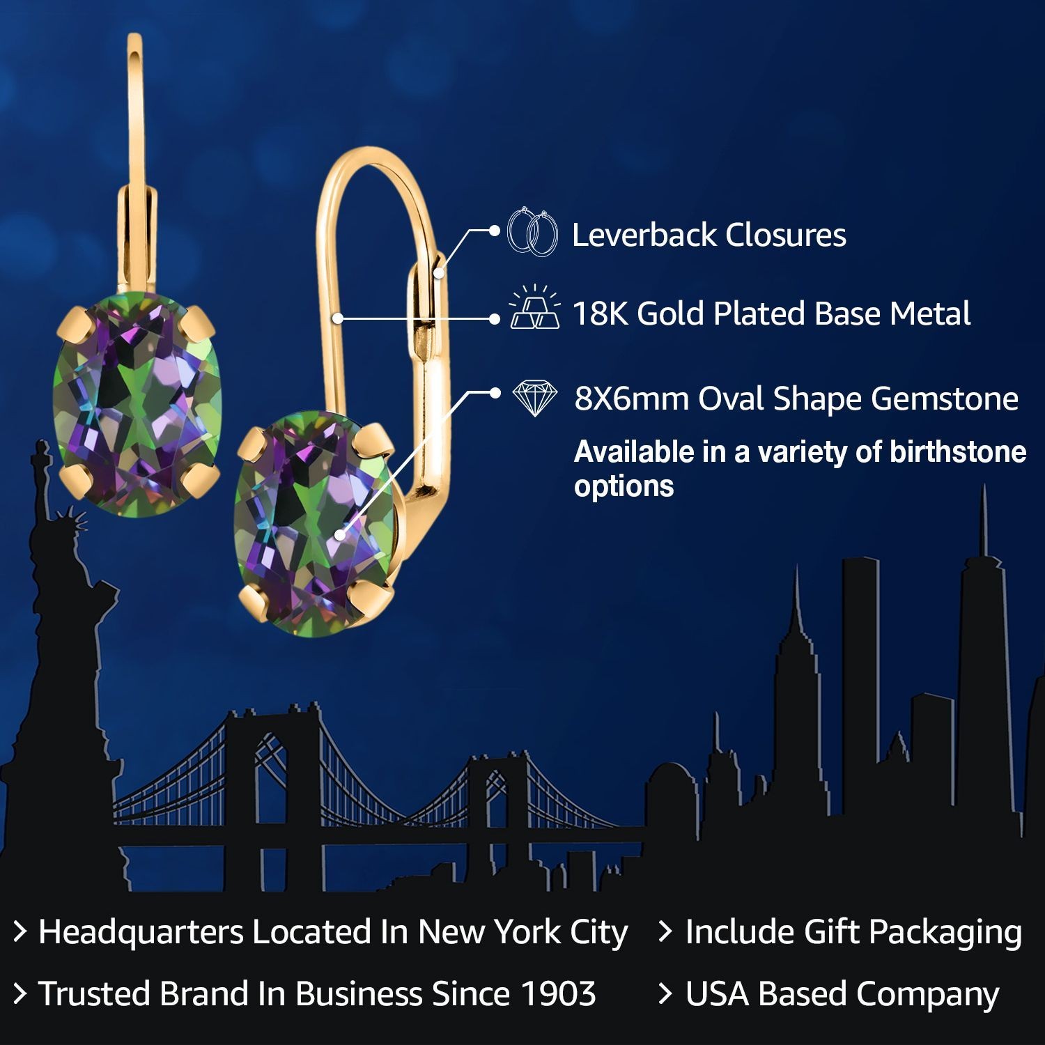 18K Yellow Gold Plated Silver Green Mystic Topaz Earrings for WomenWomen | 3.20