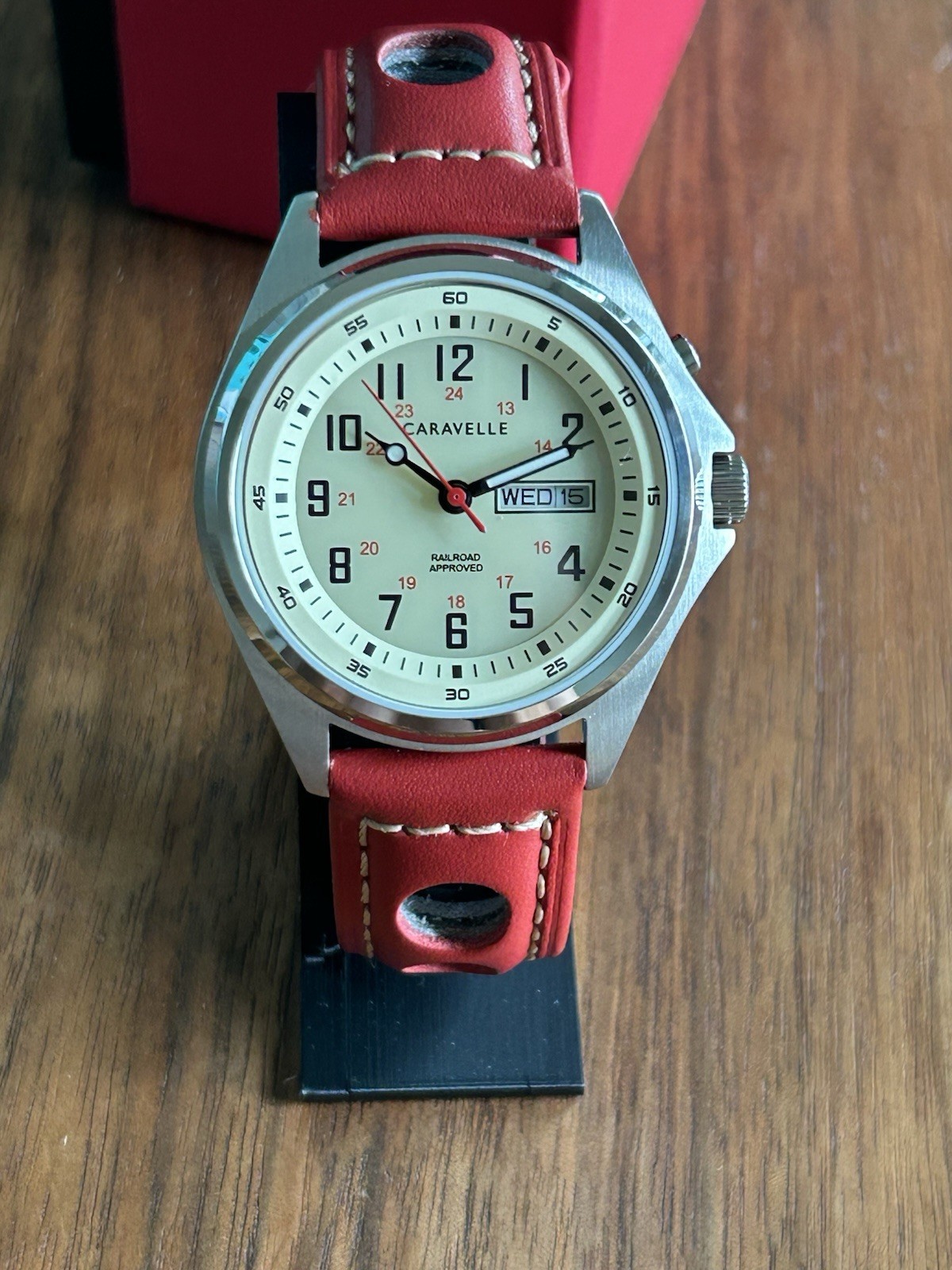 Caravelle Railroad Approved Quartz Day-Date 24Hr Dial Red Leather Strap