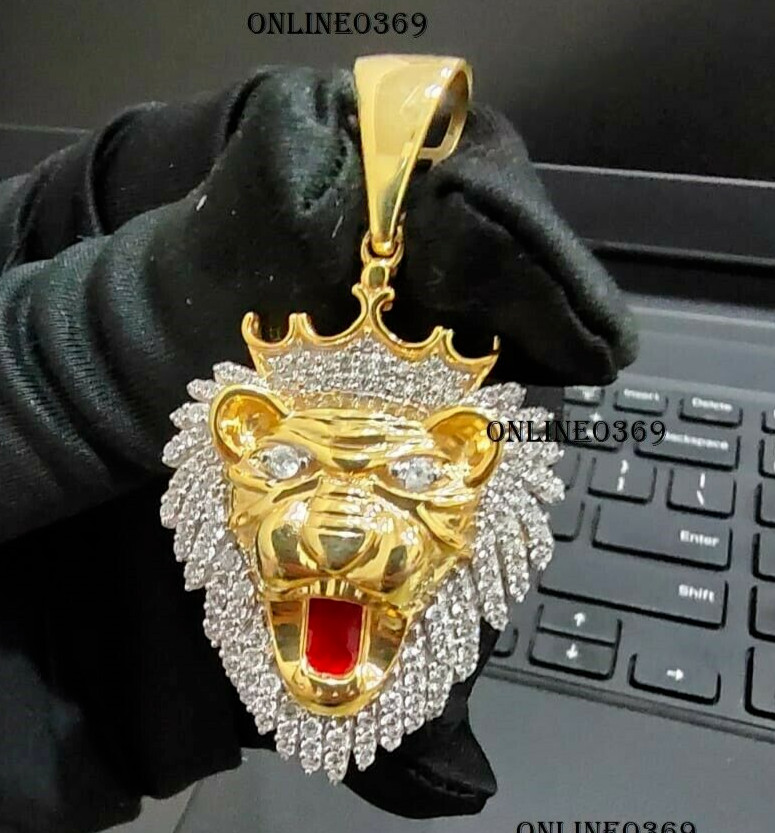 Men Lion Face Charm Pendant 925 Silver Vermeil Moissanite Iced + Free Gift Jewel