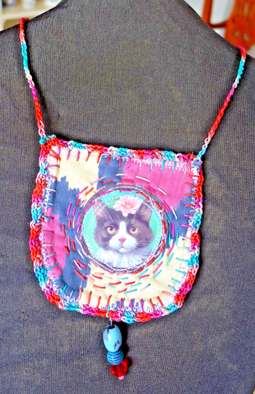 Handmade Crocheted art Necklace Cotton Fabric embroidered crocheted+ Beads