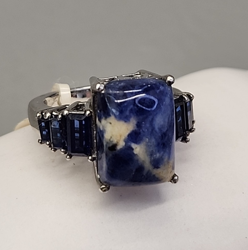Sodalite Ring Blue Stone Karis STS Lab Created Sapphires Sterling Silver JTV 7