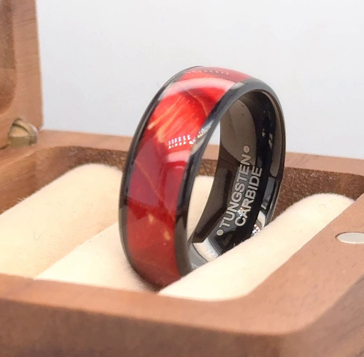 Red Burgundy Color Dyed Wood Inlay Black Tungsten Ring Men’s Wood Wedding Ring