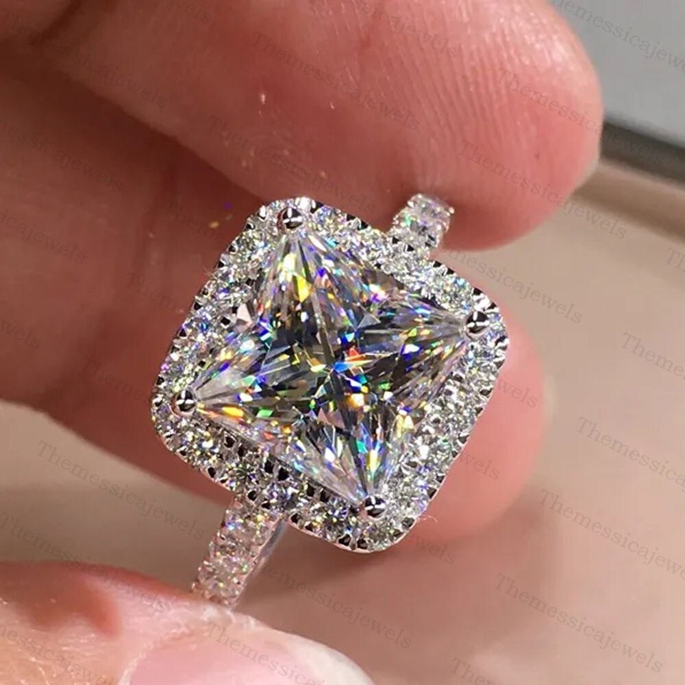 2.76 TCW Princess Cut Moissanite Halo Engagement Ring In 14k White Gold Plated