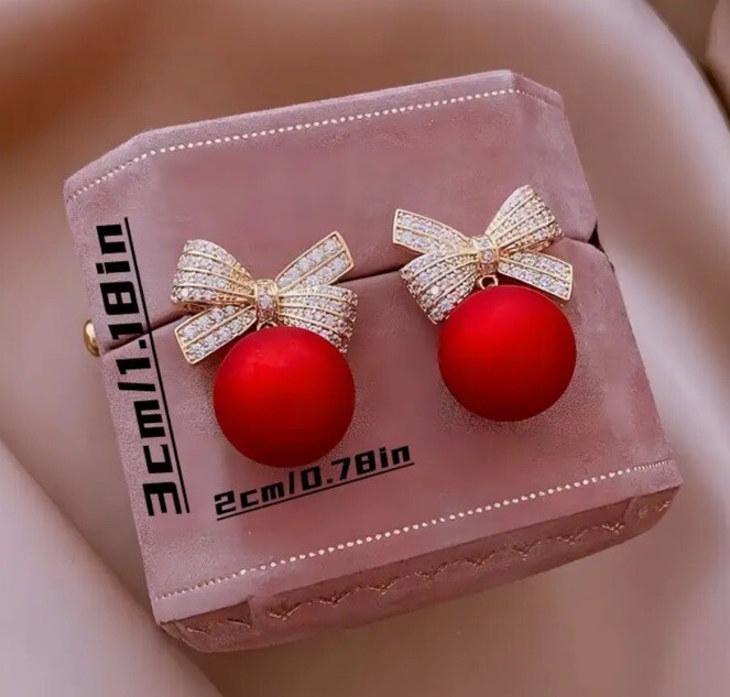 Red Ball Gold Crystal Gem Bow Stud Pierced Earrings Elegant Holiday Wedding