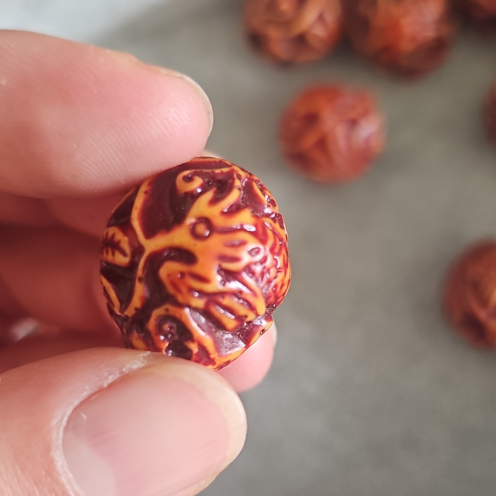 Carved Resin Dragon /Phoenix Round Beads 20mm Orange/Brown Large Hole Lot of 9