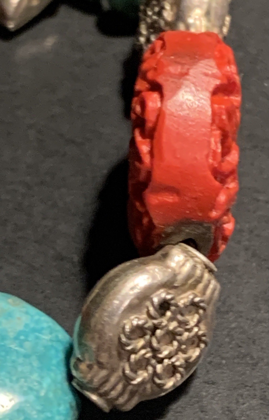Turquoise & Carved Coral or Red Colored Bead Bracelet