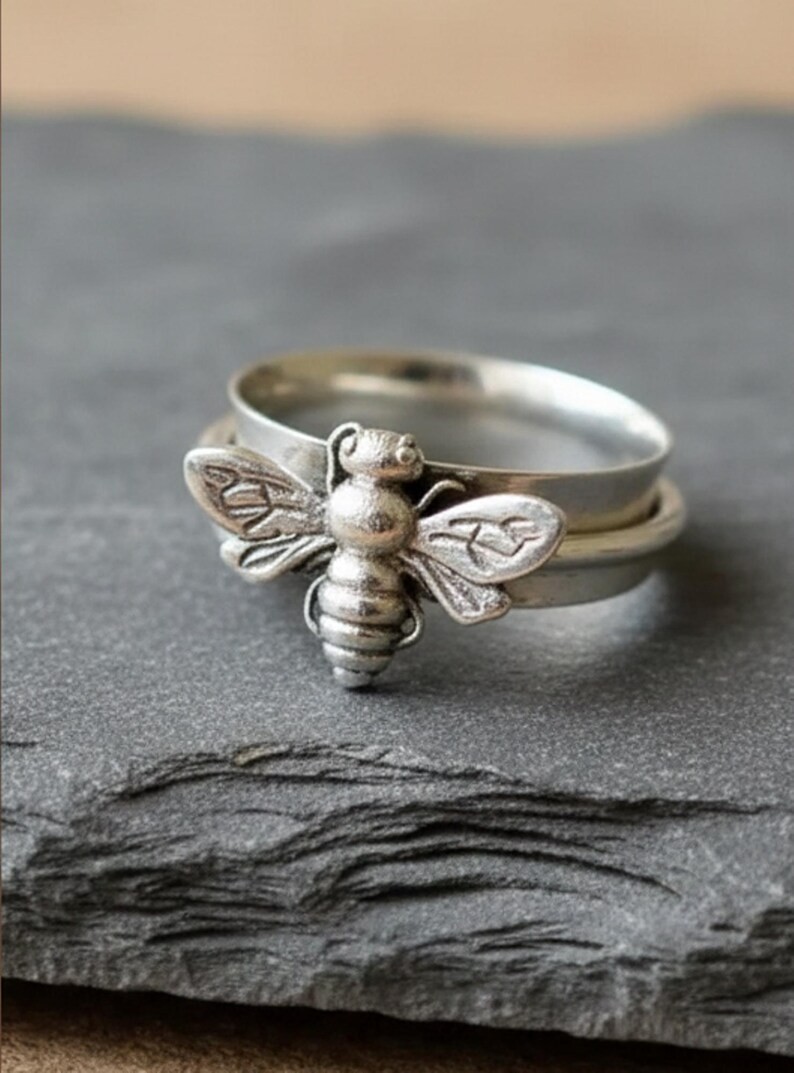 925 Sterling Silver Honeybee Spinner Ring Handmade Fidget Stress Relief Jewelry