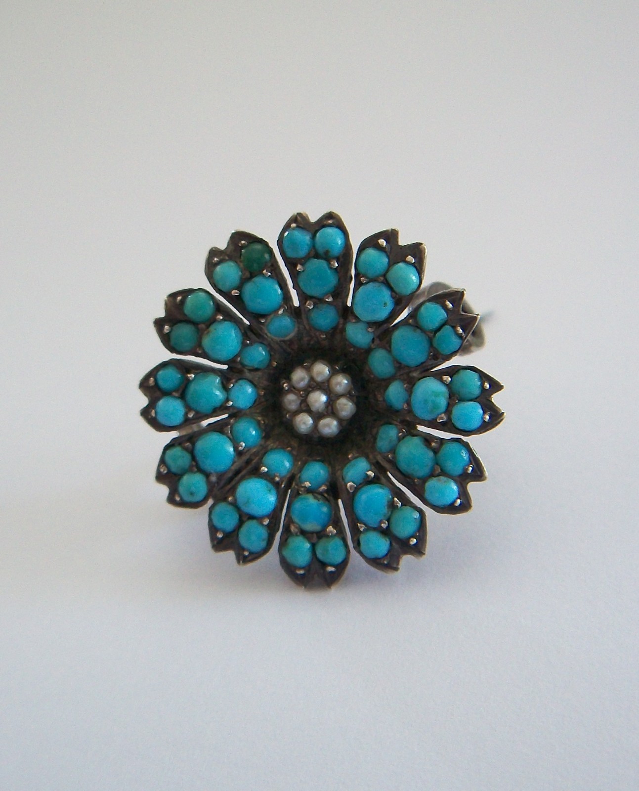 Victorian Pavé Set Turquoise & Seed Pearl Flower Brooch – Germany – Circa 1850