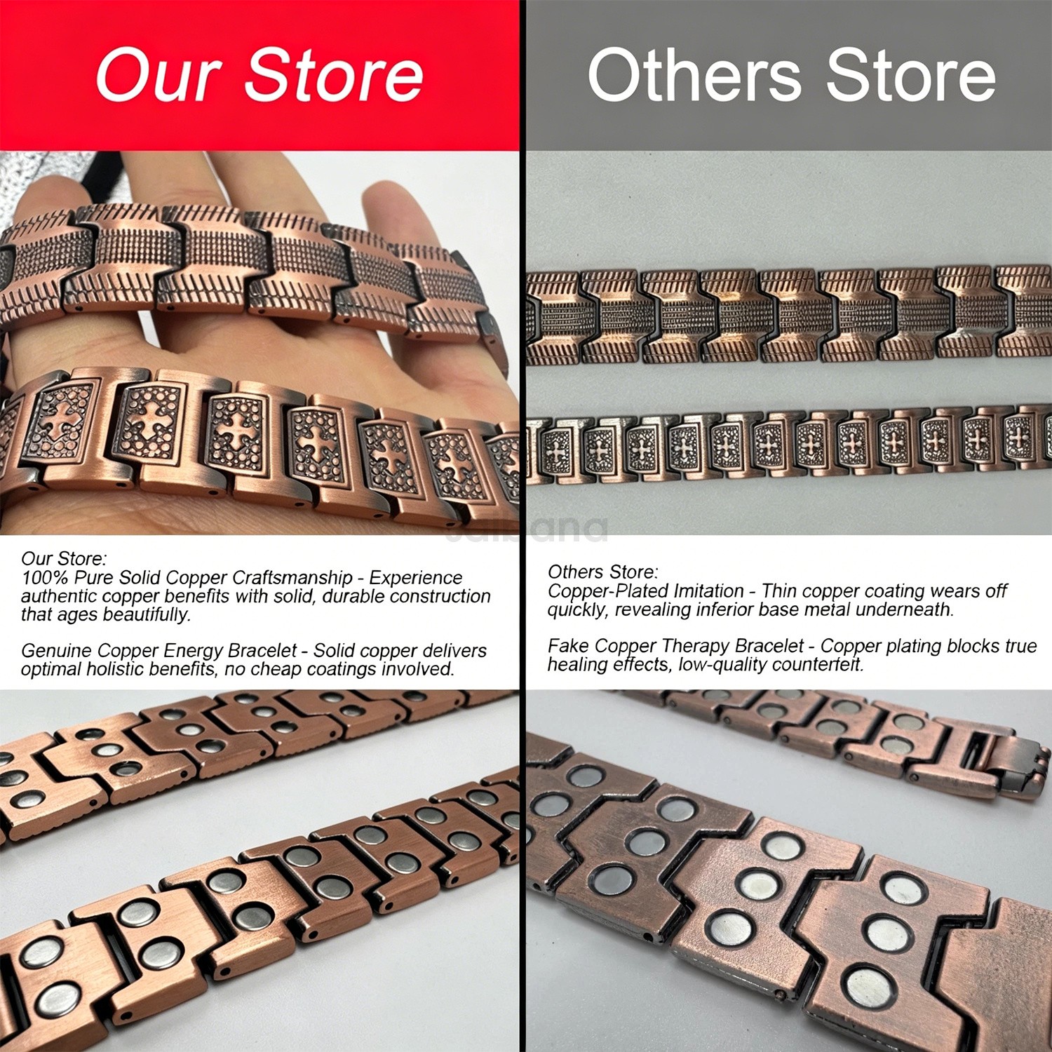 100% Pure Copper Bracelet 3500 Gauss Magnetic Therapy Strong Healing & Regulator