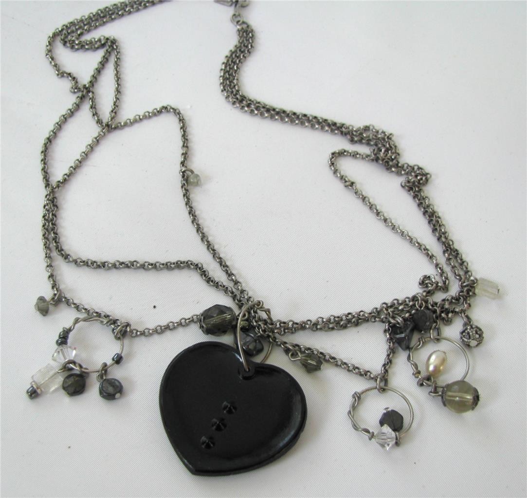 Vtg Silver 3 Chain Station Pendant Necklace Black Czech glass Heart signed 18″