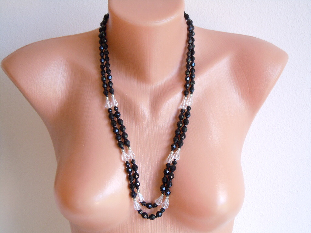 Vintage Necklace Black Glass Faceted Beads Clear Drops 2-Strands 65.5 Cm